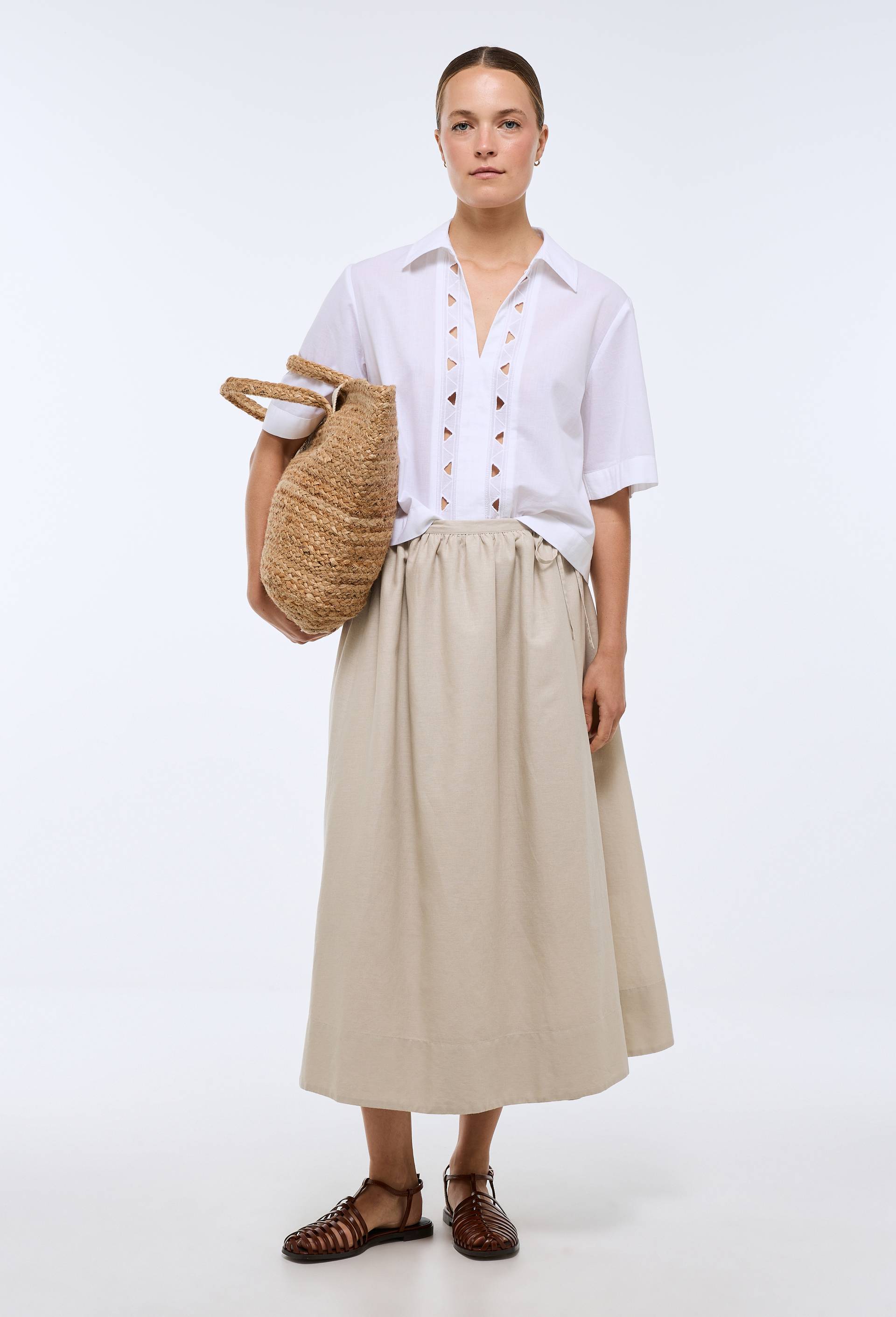 Jupe midi unie portefeuille contenant du lin, Beige, large image number 0