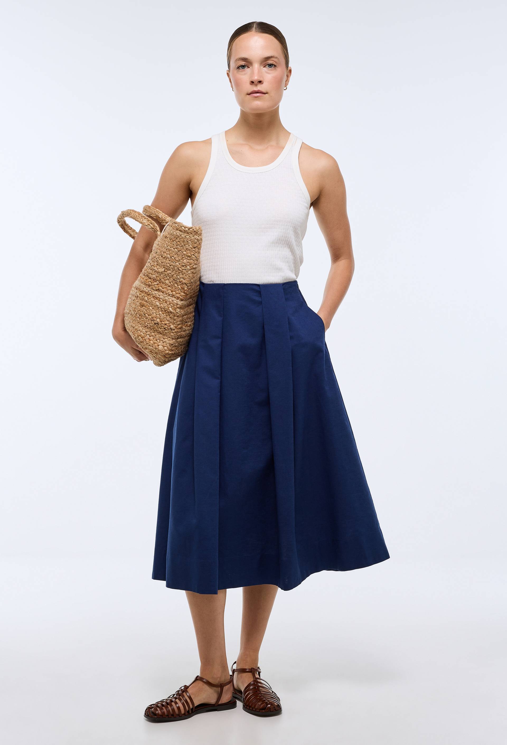Jupe midi unie contenant du lin, Bleu fonc&eacute;, swatch image