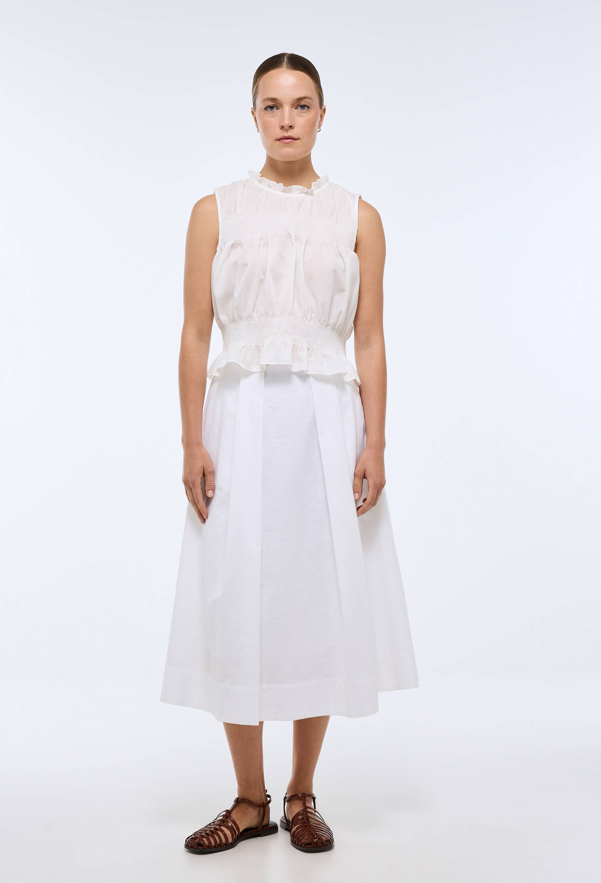 Jupe midi unie contenant du lin, Blanc, large image number 0