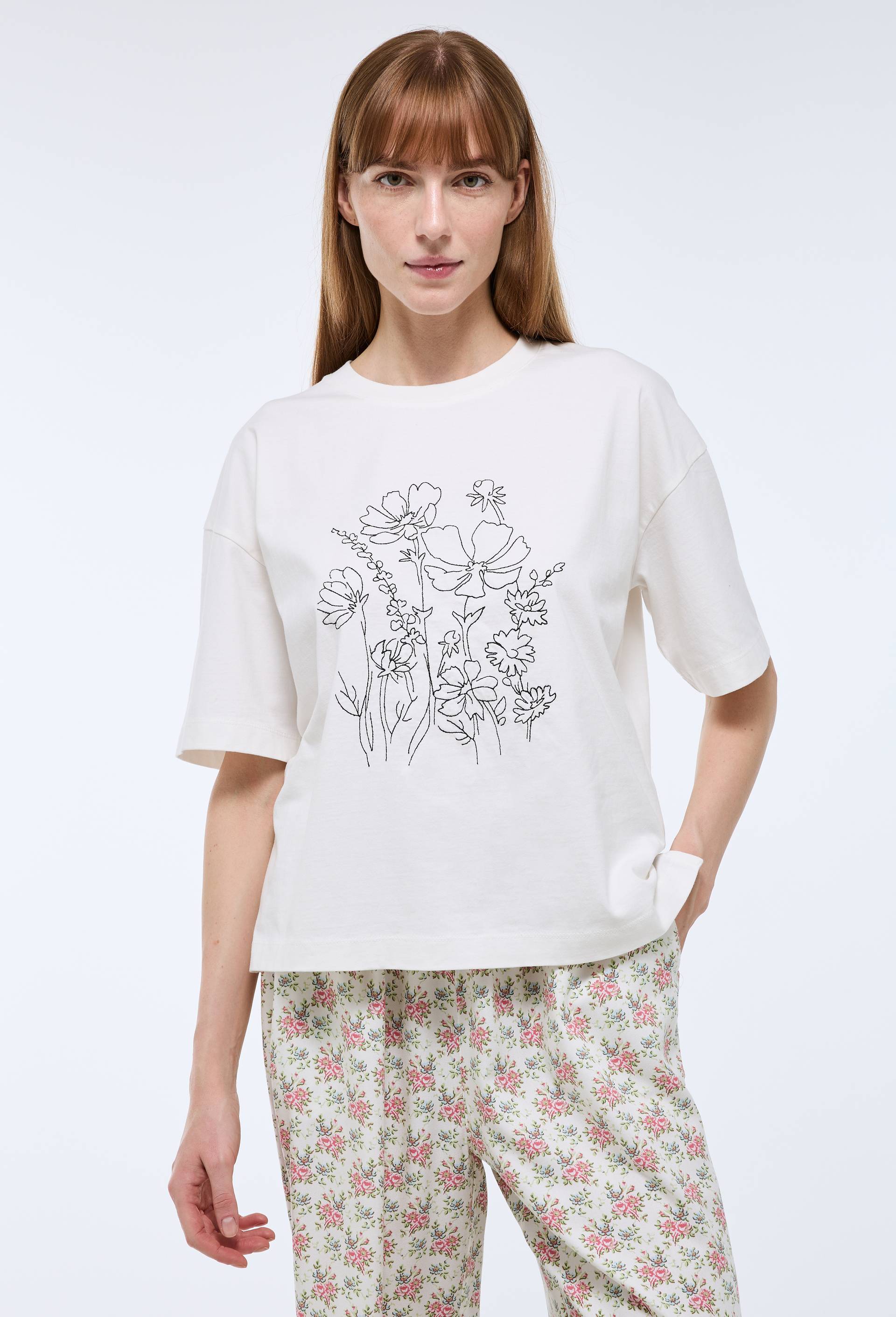 T-shirt col rond broderie fleur en coton bio GOTS, Ecru, large image number 0.0