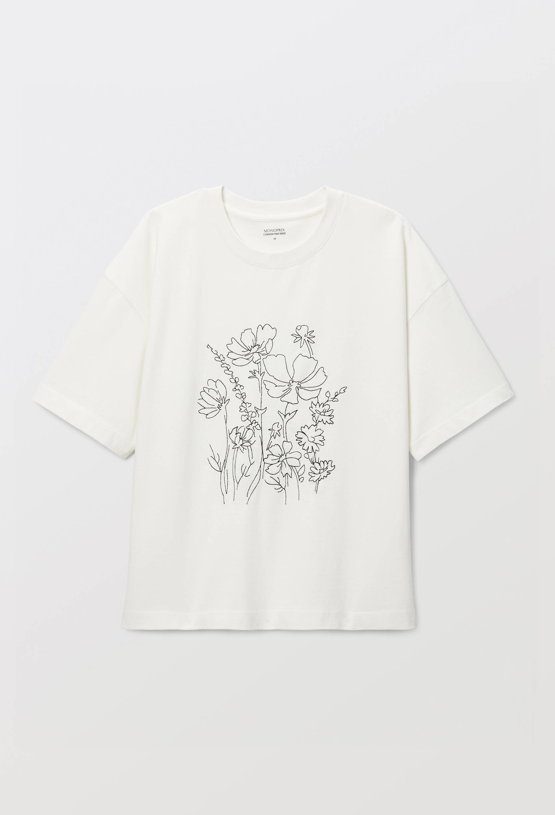 T-shirt col rond broderie fleur en coton bio GOTS, Ecru, large image number 2