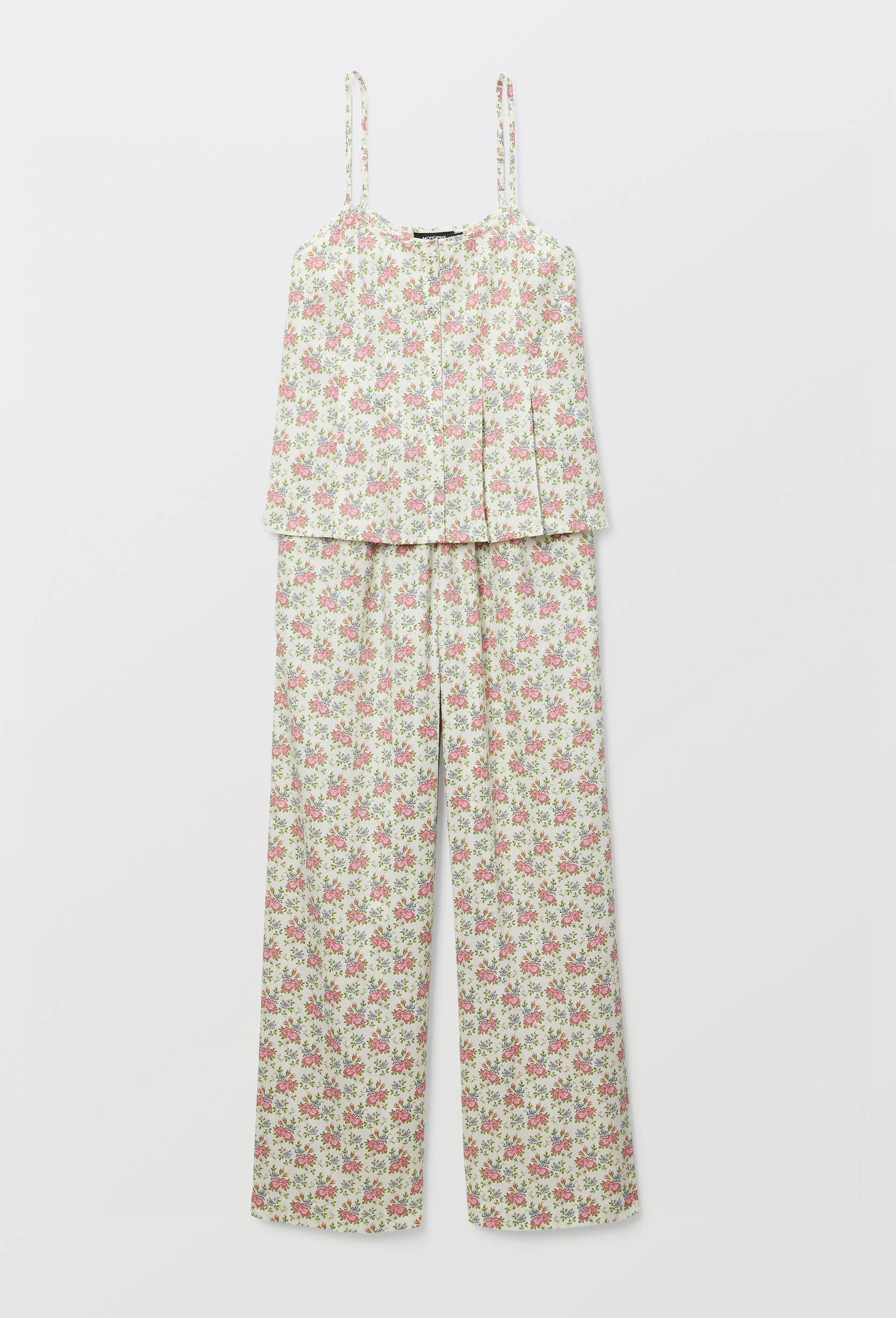 Pyjama &agrave; fines bretelles imprim&eacute; en coton bio GOTS, Ecru, large image number 3.0