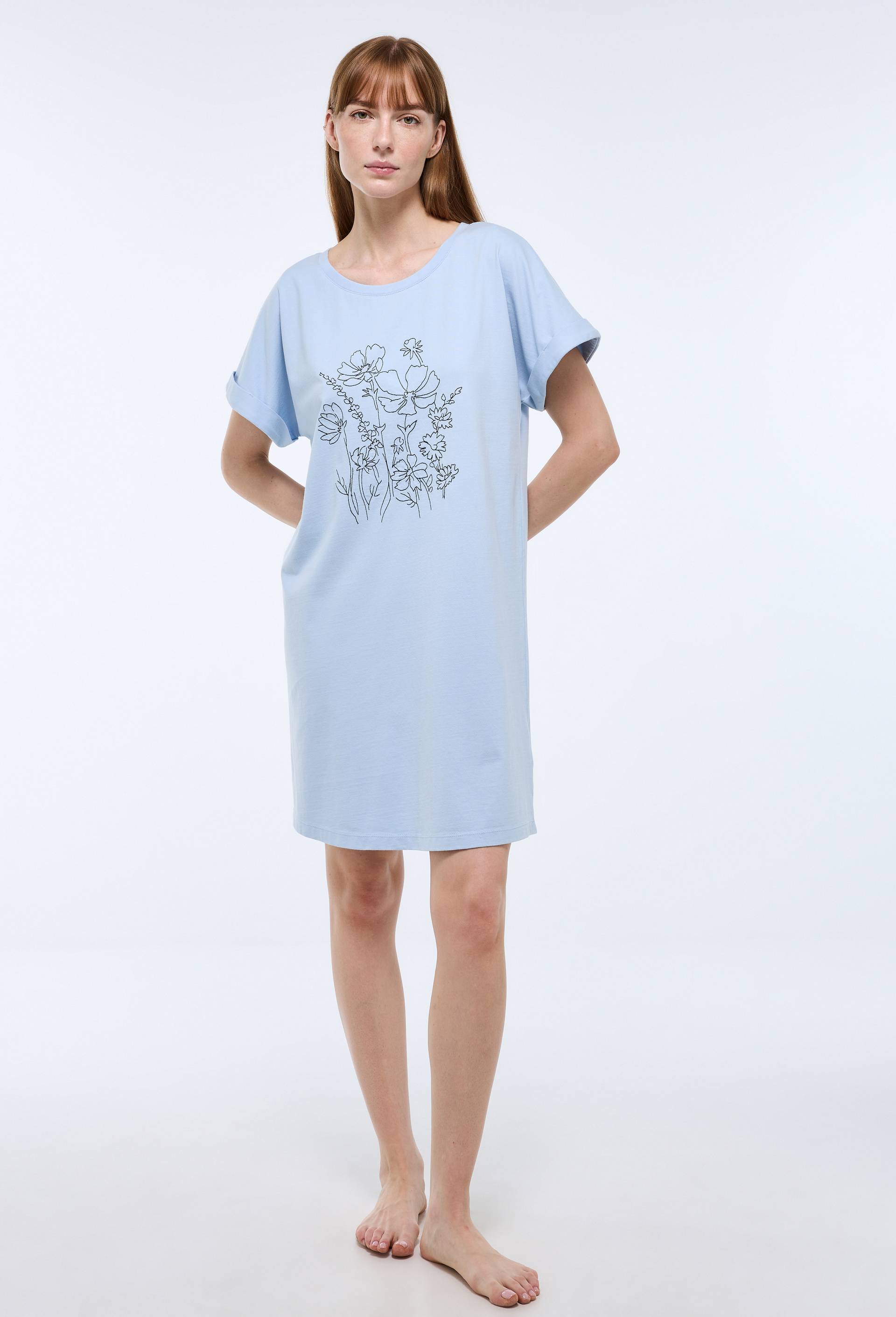 Chemise de nuit unie avec broderie fleur en coton bio GOTS, Bleu clair, large image number 0.0