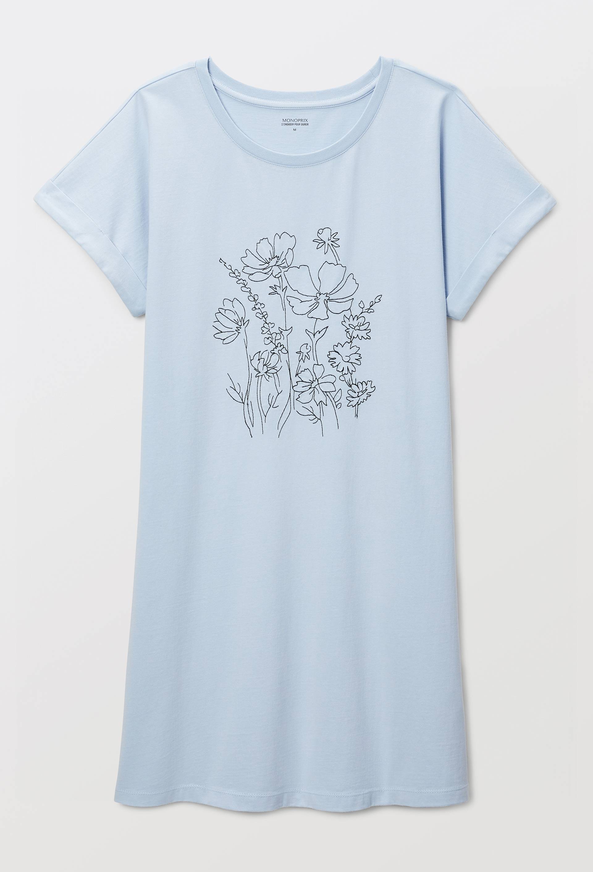 Chemise de nuit unie avec broderie fleur en coton bio GOTS, Bleu clair, large image number 2