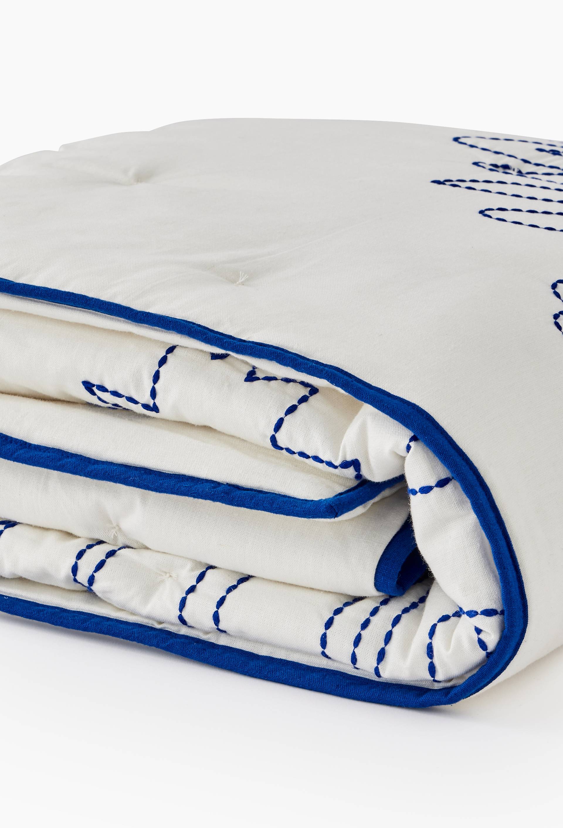 Boutis brod&eacute;, 140x160cm, en coton lin - BD GRAFT x MONOPRIX, Bleu, large image number 3