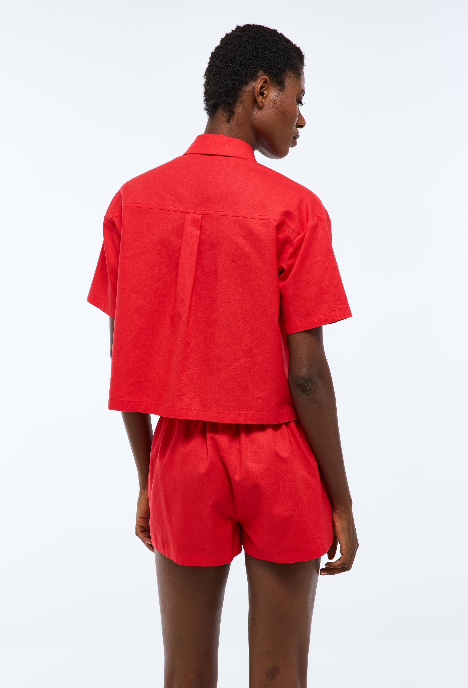 Pyjashort uni manches courtes en coton et lin, Rouge, large image number 1.0