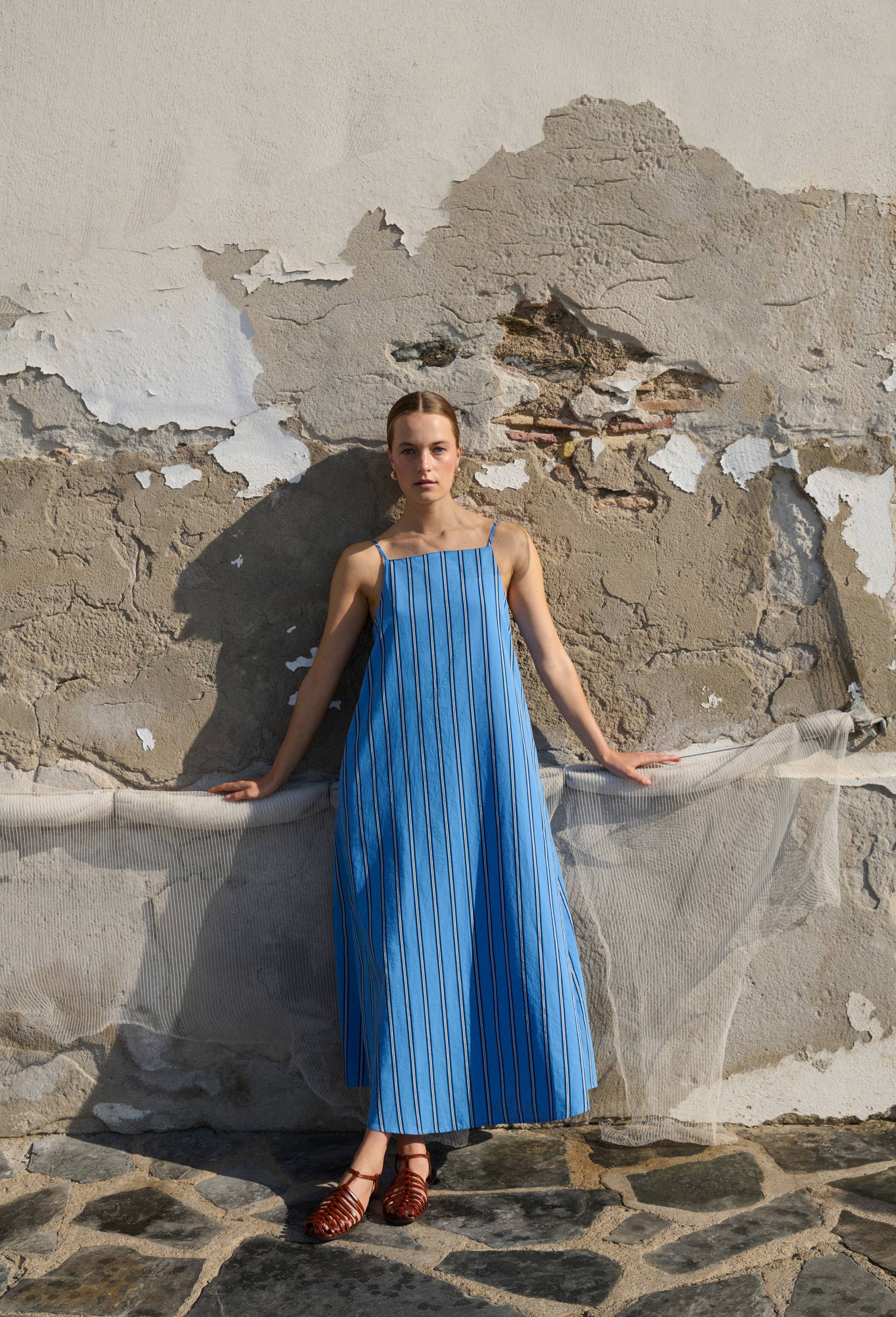 Robe longue fines bretelles ray&eacute;e en coton BIO GOTS, Bleu, large image number 0.0