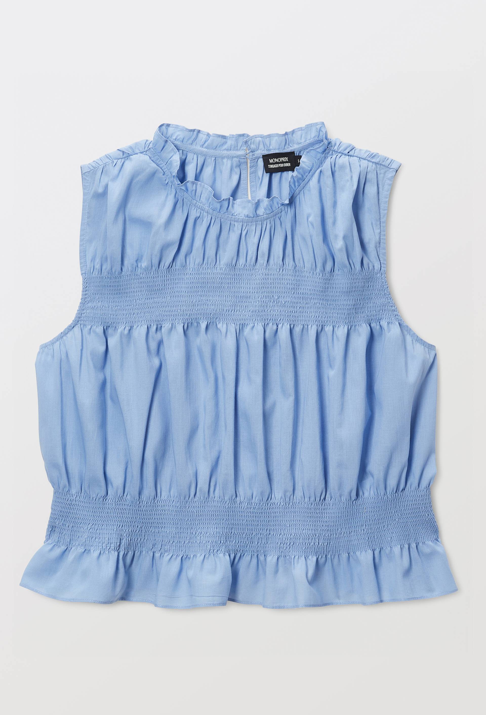 Top sans manches smock&eacute; en coton BIO GOTS, Bleu, large image number 2.0