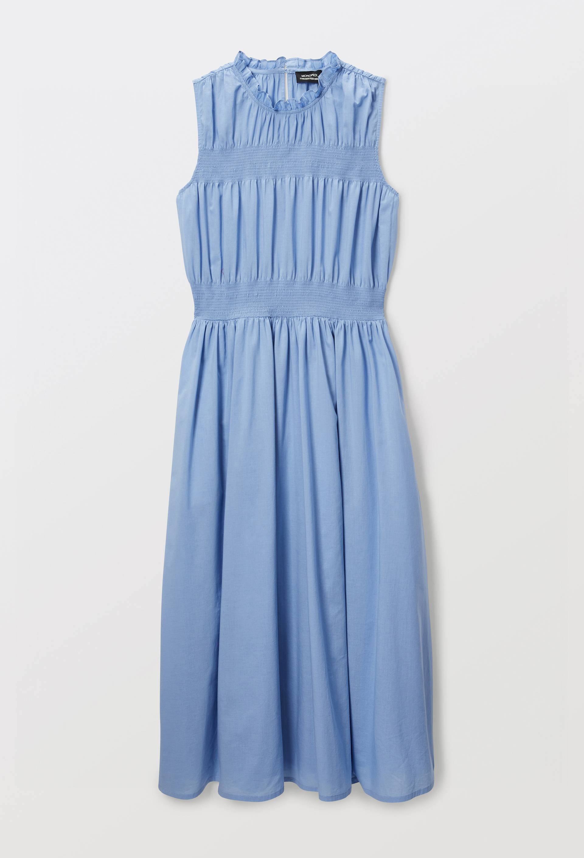 Robe longue smock&eacute;e unie en coton BIO GOTS, Bleu, large image number 2.0