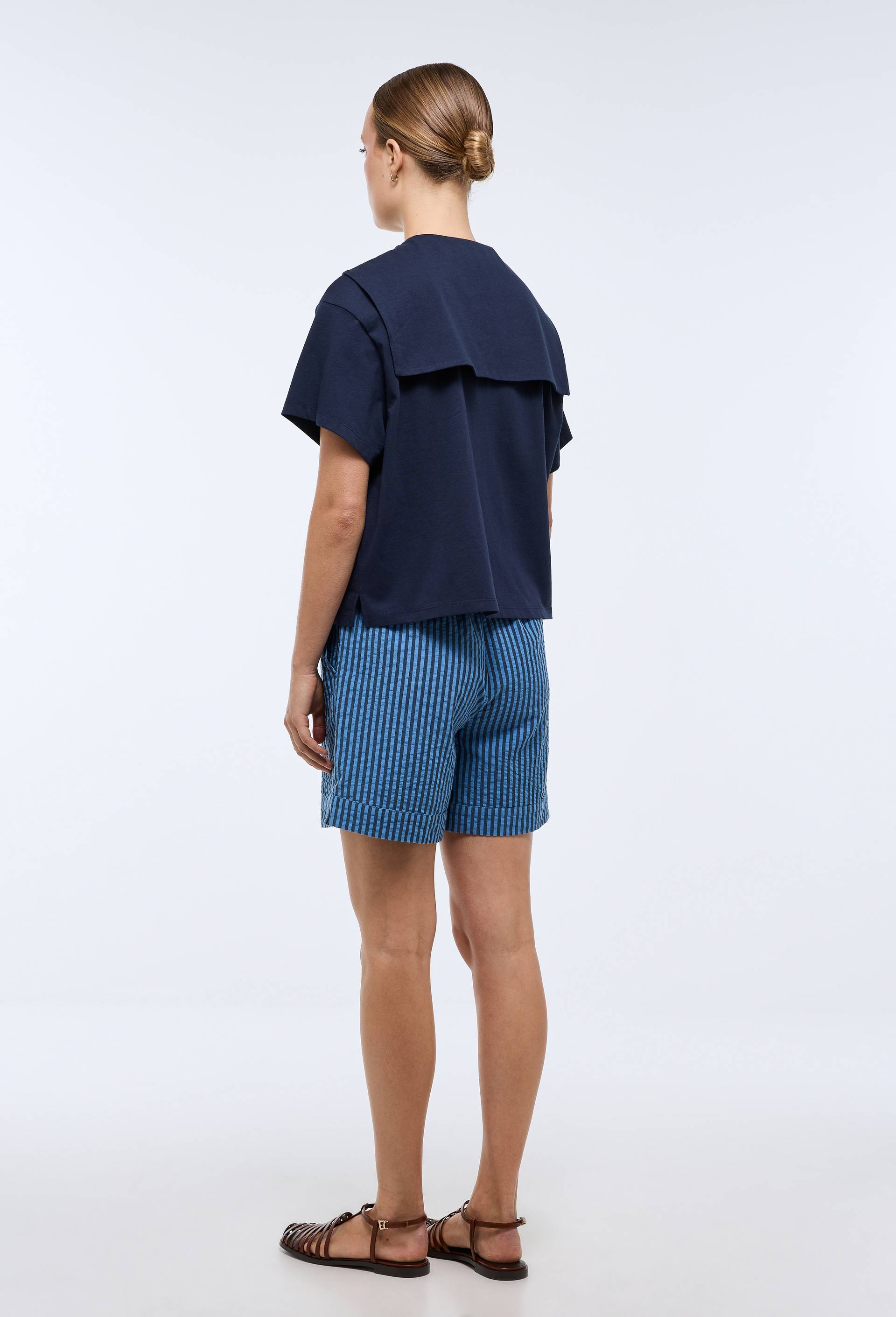 Short ray&eacute; &eacute;lastiqu&eacute; en coton, Bleu, large image number 1
