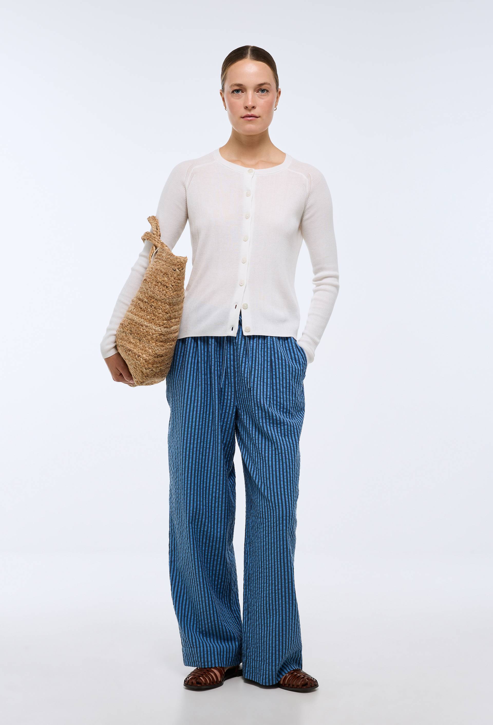 Pantalon large ray&eacute; taille semi-elastiqu&eacute;e, Bleu, large image number 0