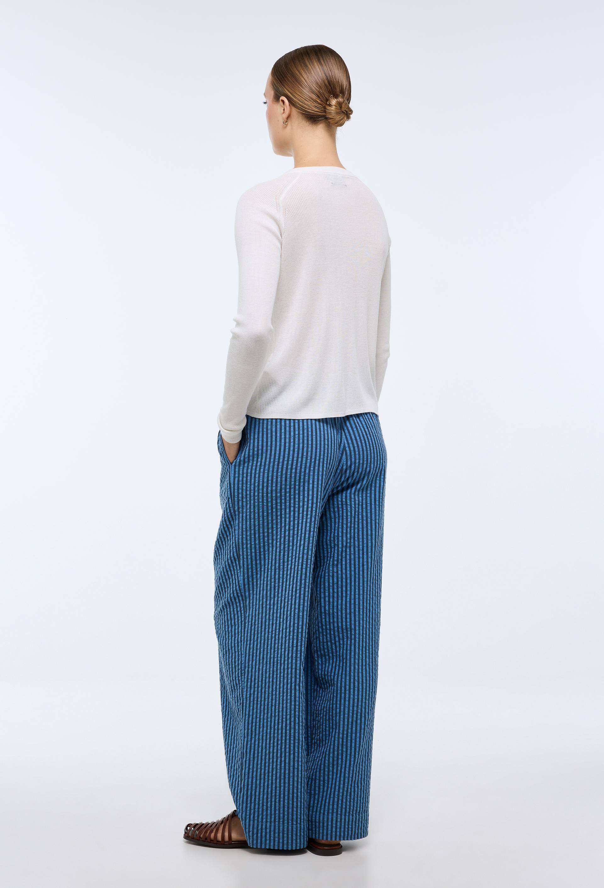 Pantalon large ray&eacute; taille semi-elastiqu&eacute;e, Bleu, large image number 1.0