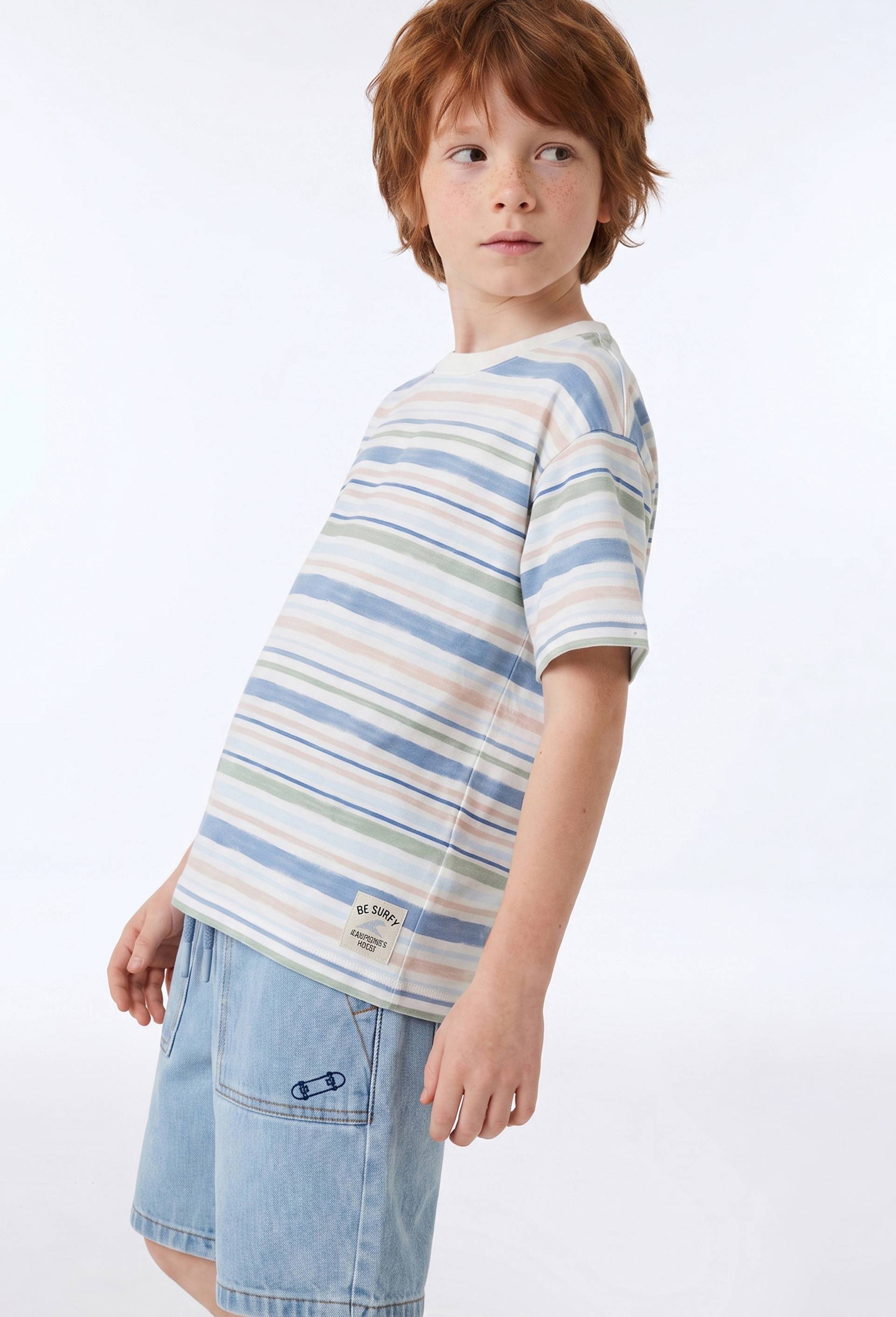 T-shirt manches courtes ray&eacute; en coton BIO GOTS, Beige clair, large image number 1.0