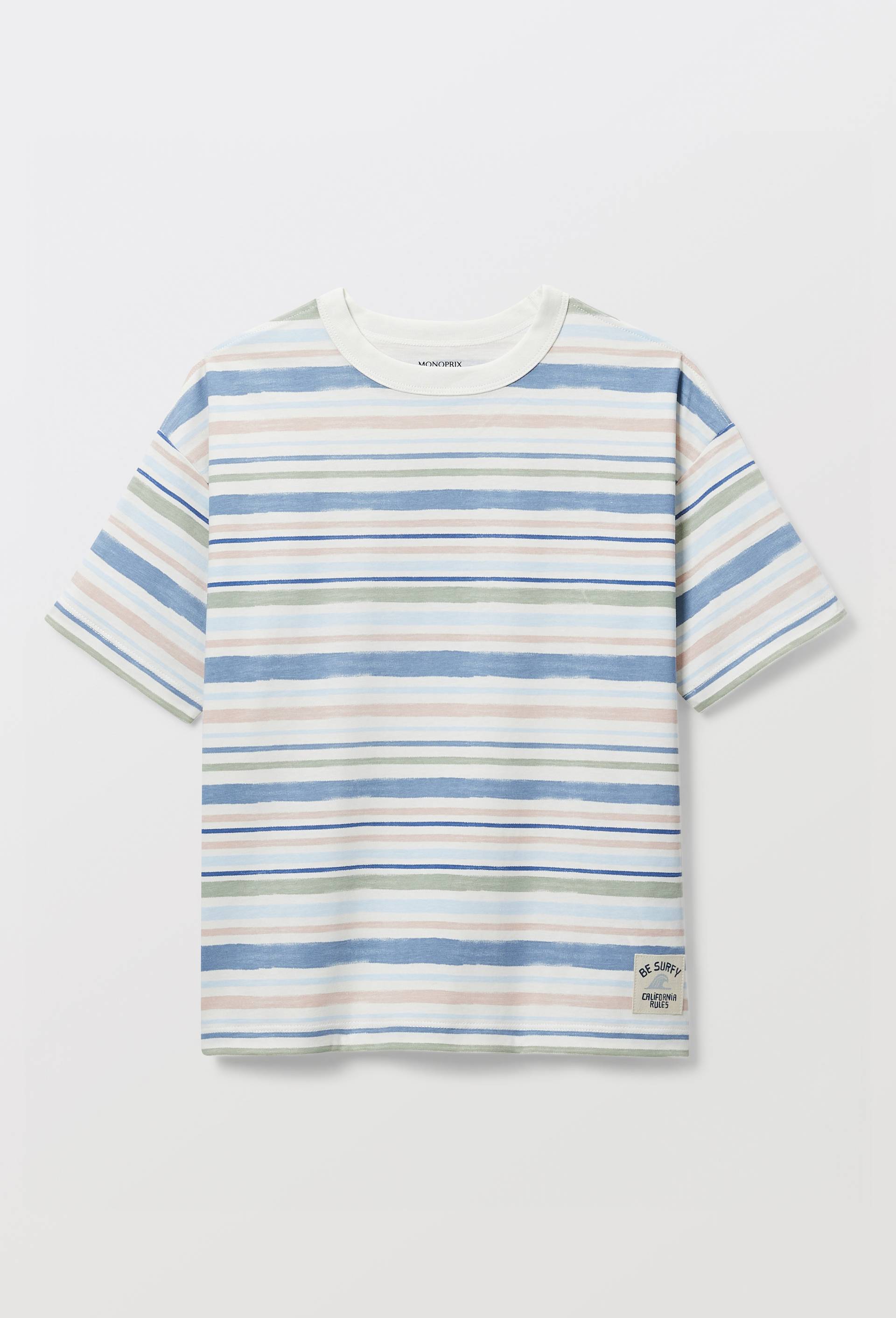 T-shirt manches courtes ray&eacute; en coton BIO GOTS, Beige clair, large image number 2
