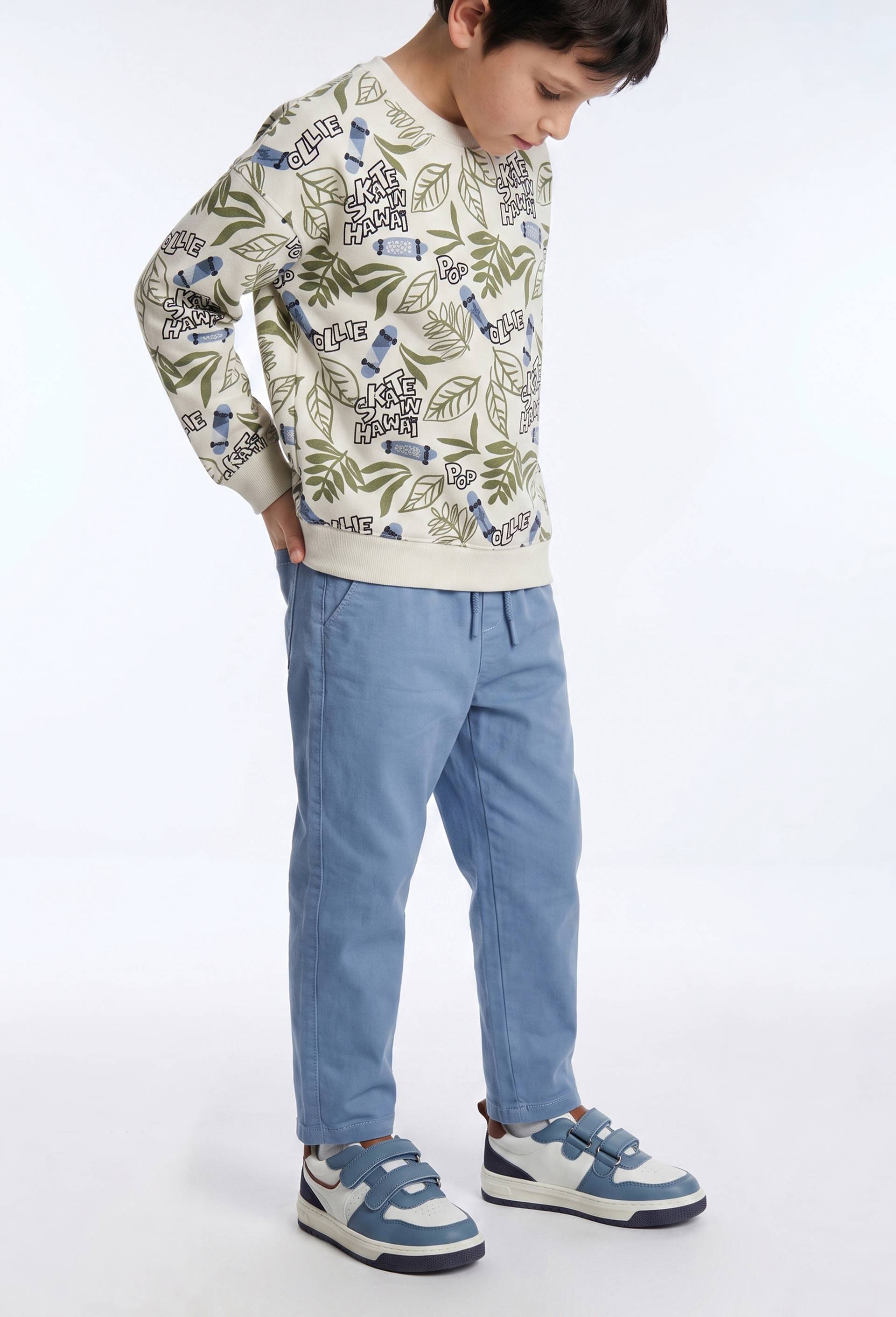 Pantalon droit &eacute;lastiqu&eacute; uni en coton BIO GOTS, Bleu, large image number 1