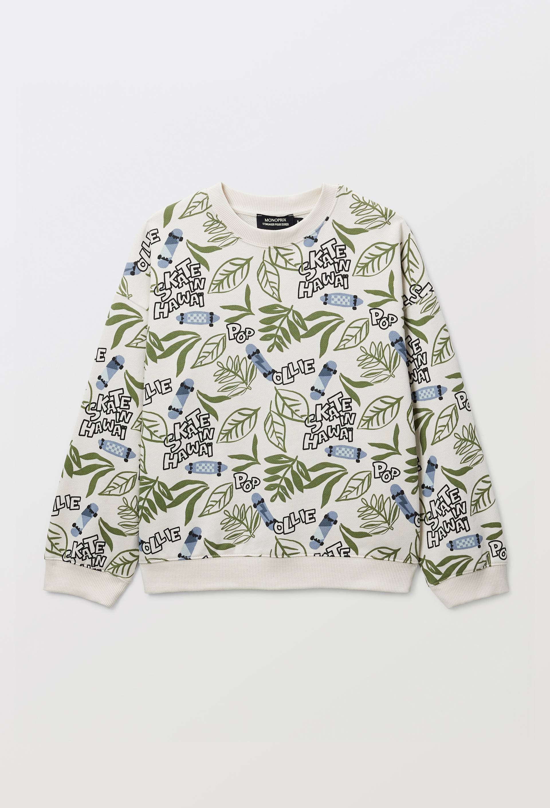 Sweat col rond imprim&eacute; en coton BIO GOTS, Beige clair, large image number 0