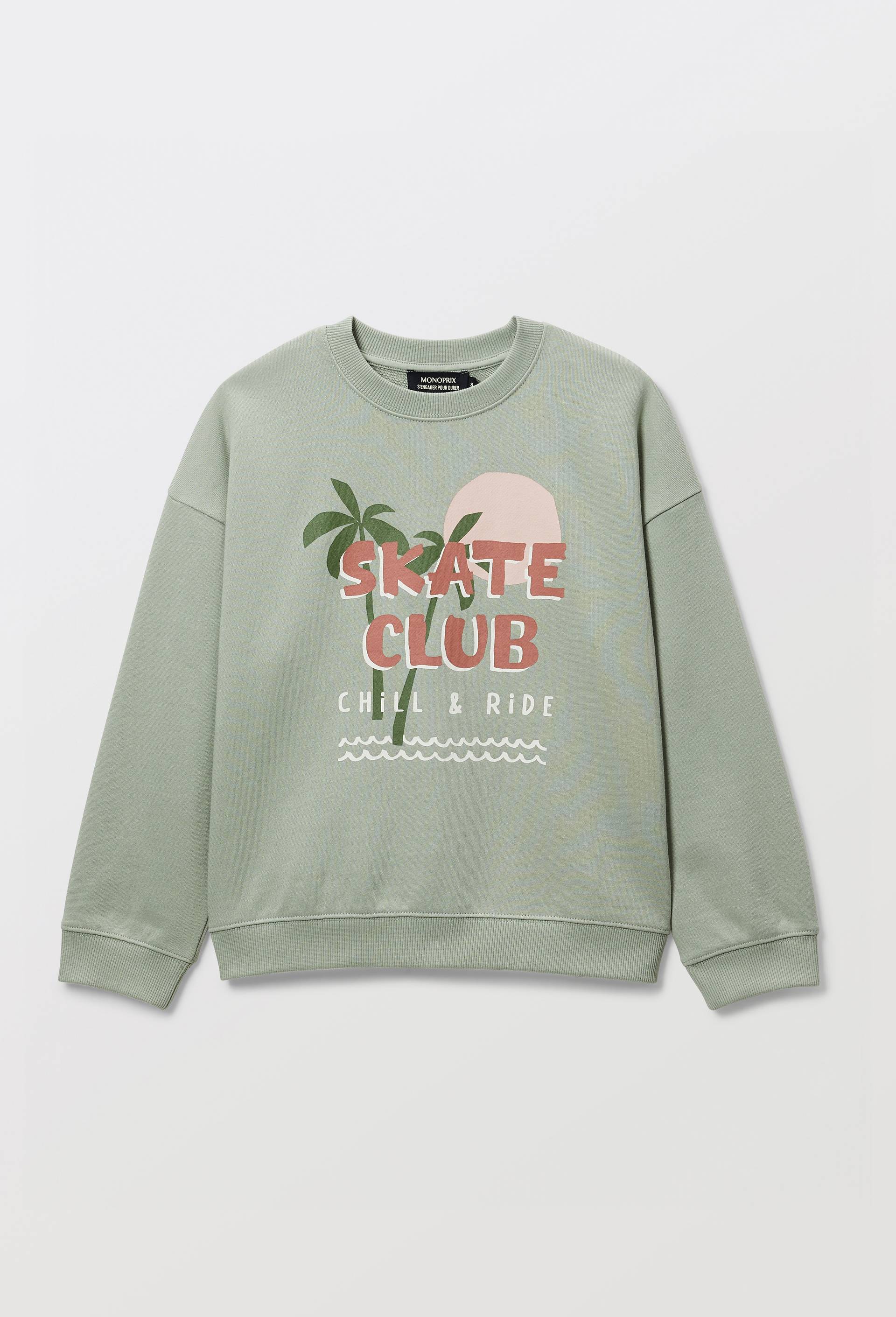 Sweat col rond imprim&eacute; en coton BIO GOTS, Vert clair, large image number 1