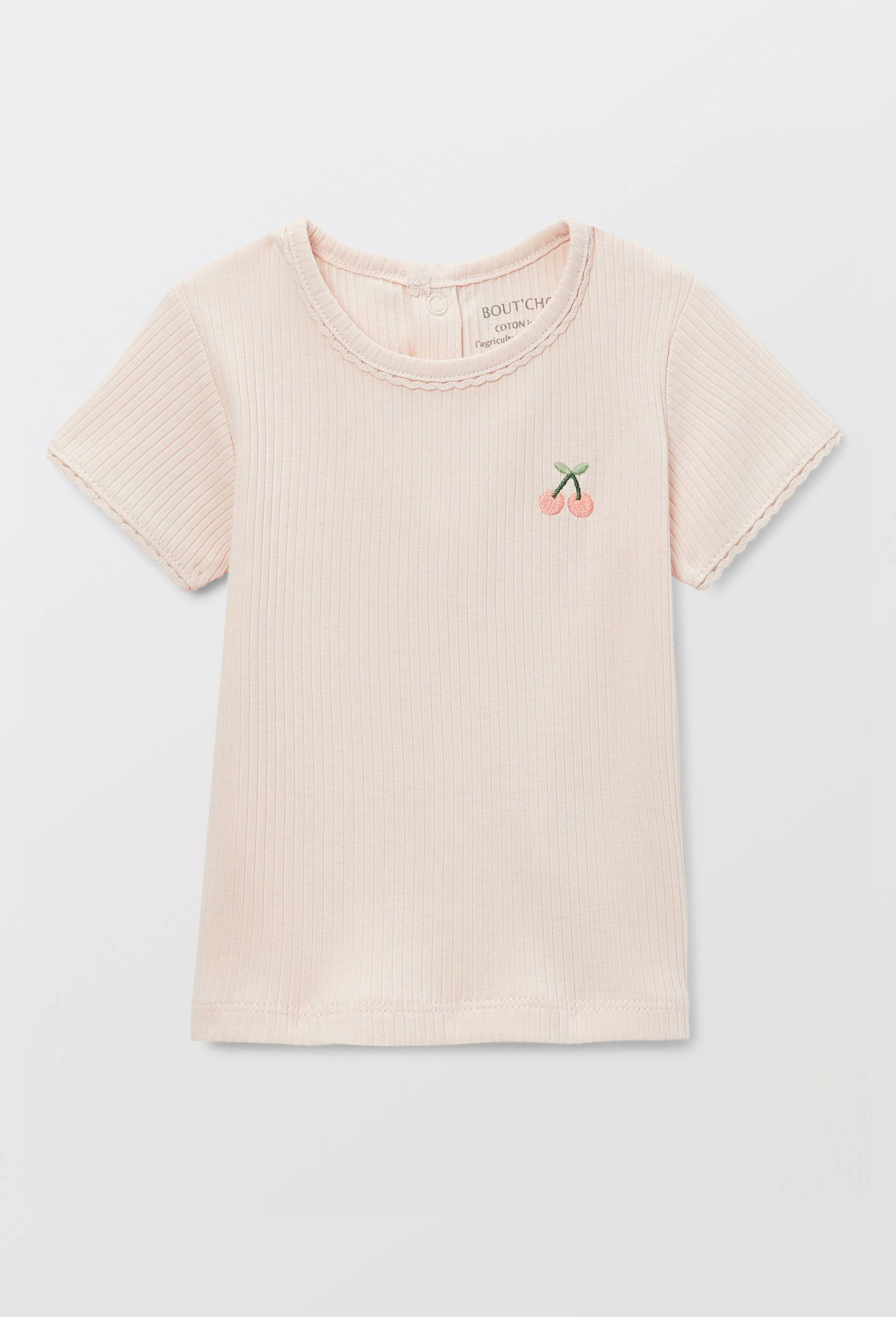 T-shirt manches courtes avec broderie maille c&ocirc;tel&eacute;e en coton BIO GOTS, Rose clair, large image number 0