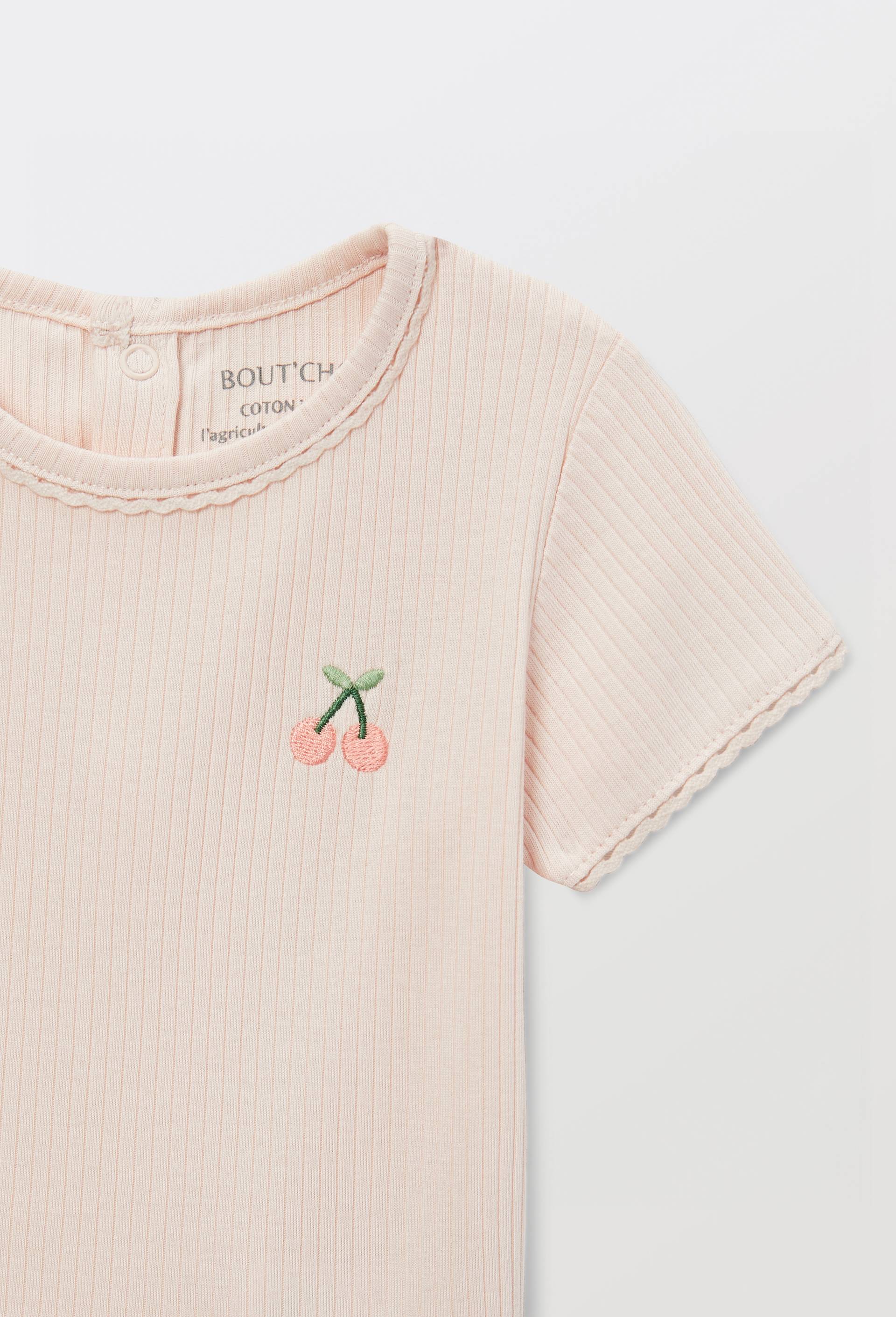 T-shirt manches courtes avec broderie maille c&ocirc;tel&eacute;e en coton BIO GOTS, Rose clair, large image number 2.0