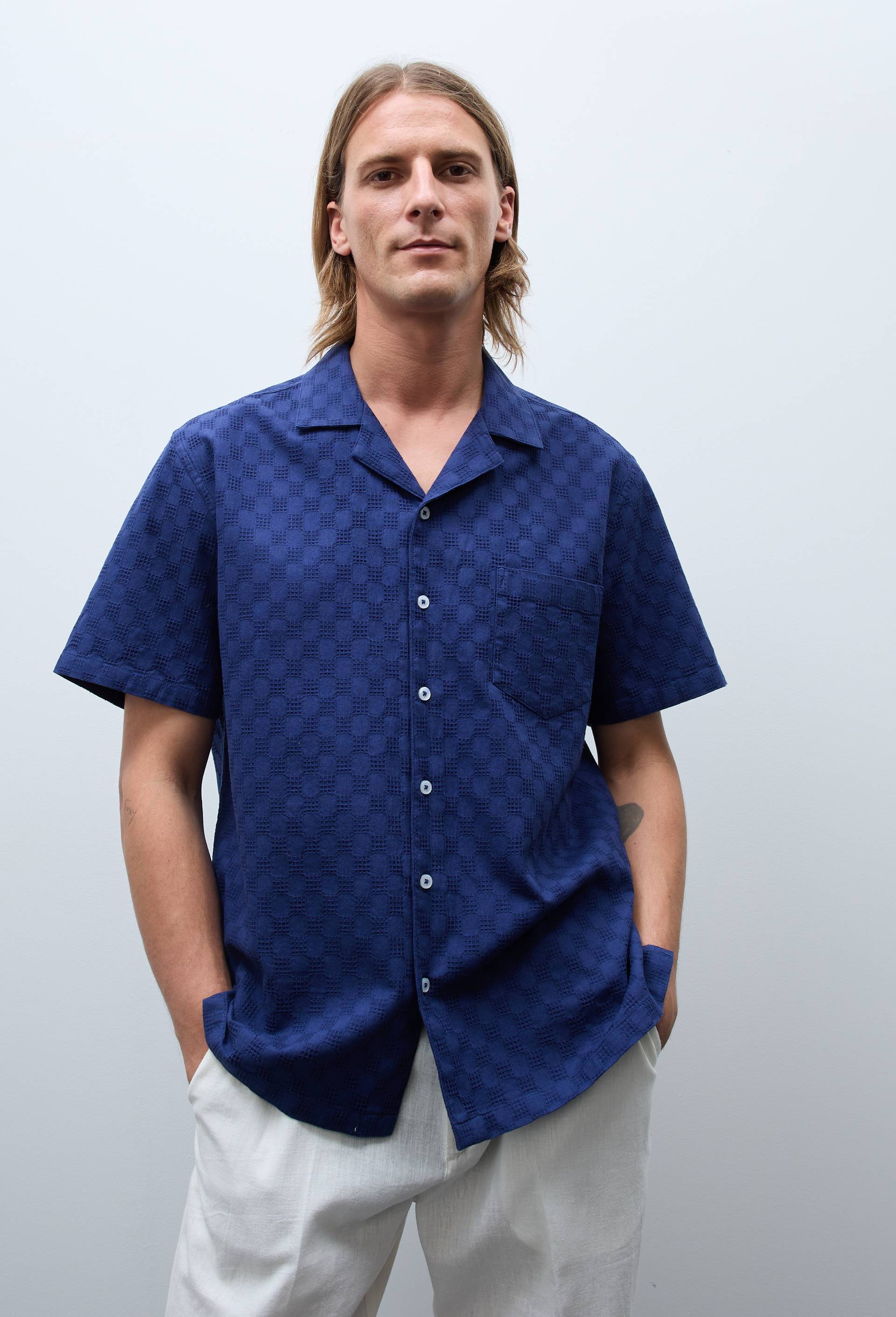 Chemise manches courtes brod&eacute;s en coton, Bleu fonc&eacute;, large image number 0.0