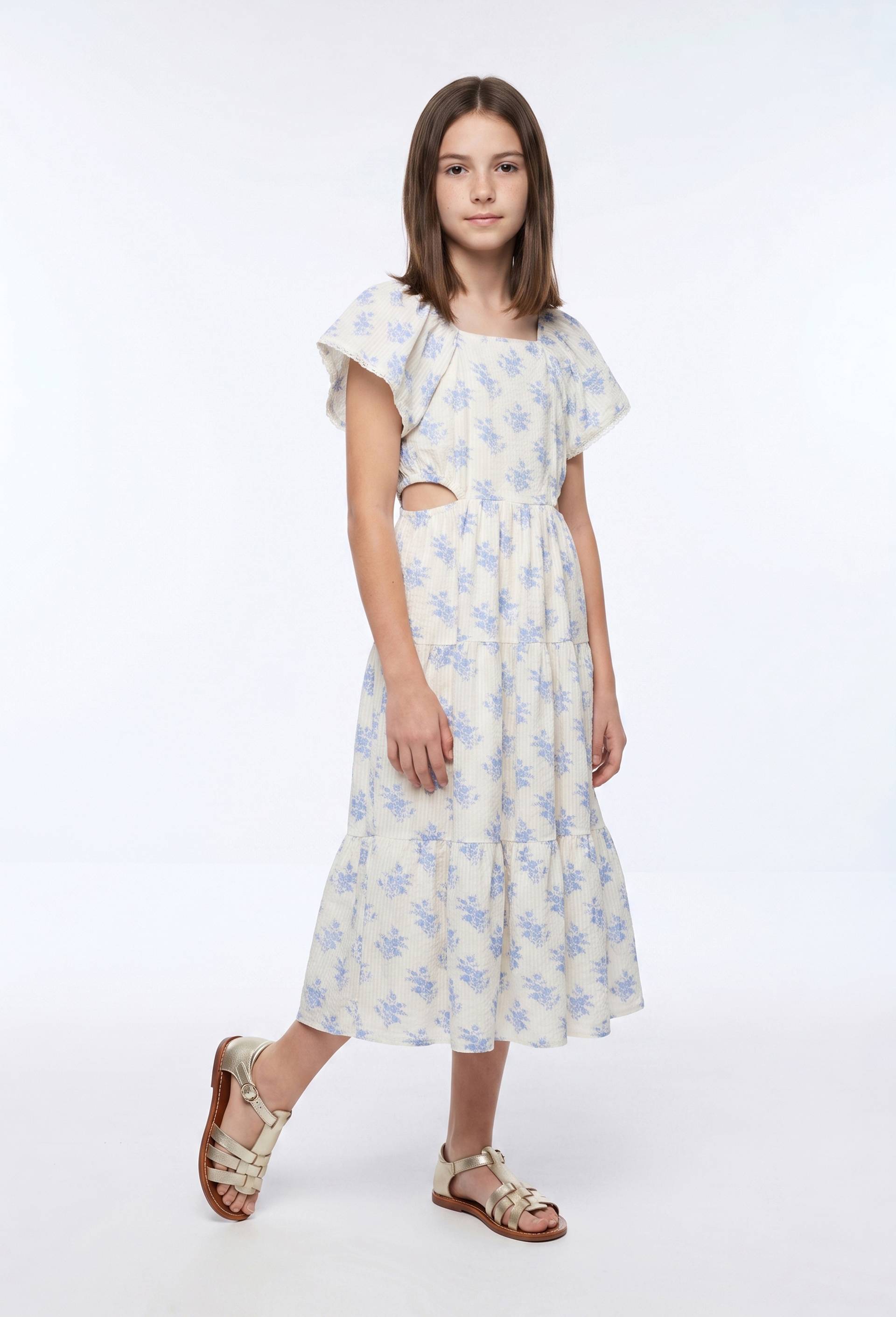Robe imprim&eacute;e fleurie avec d&eacute;tails de d&eacute;coupes, Beige clair, large image number 0.0