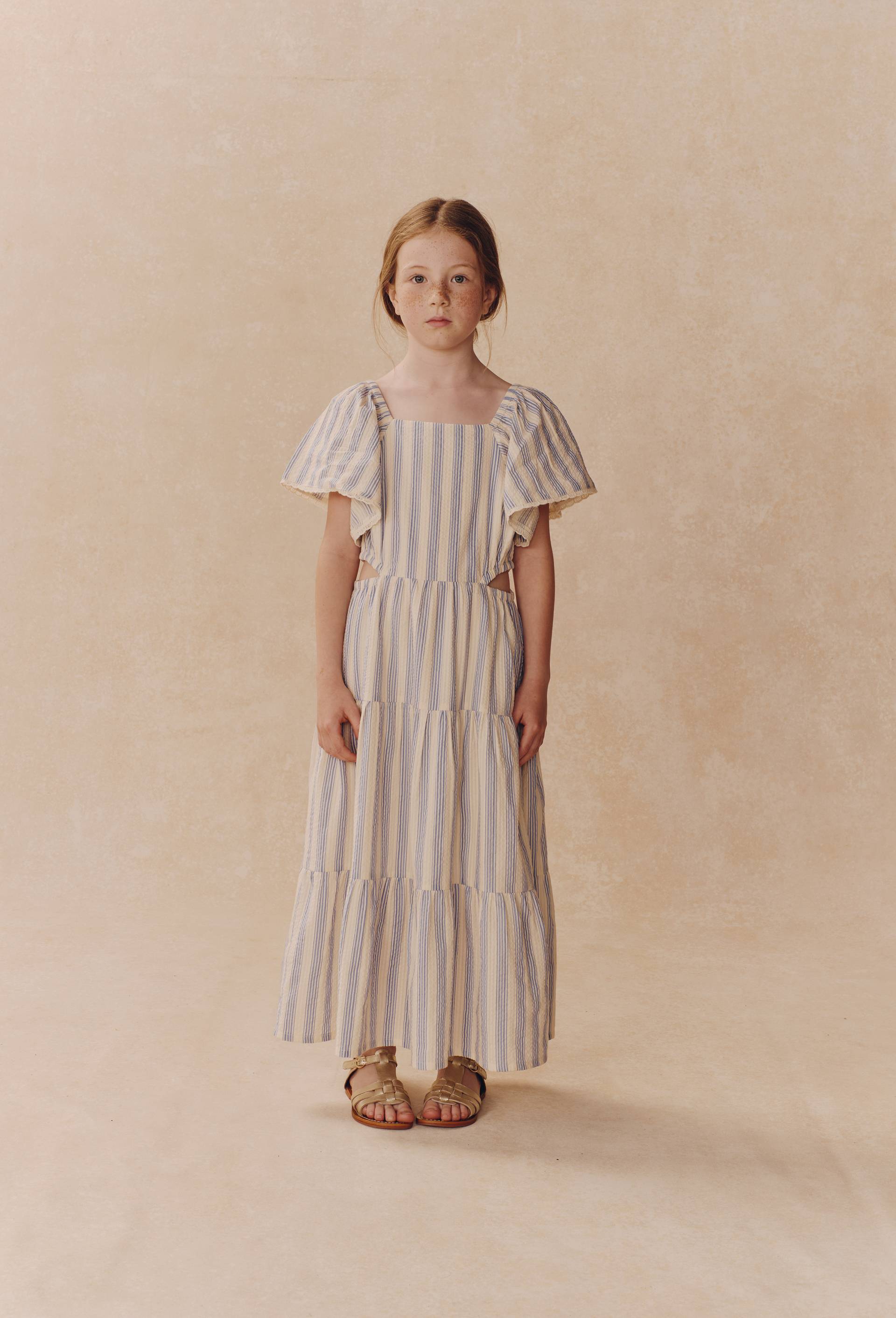 Robe longue ray&eacute;e avec d&eacute;tails de d&eacute;coupes, Beige clair, large image number 0.0