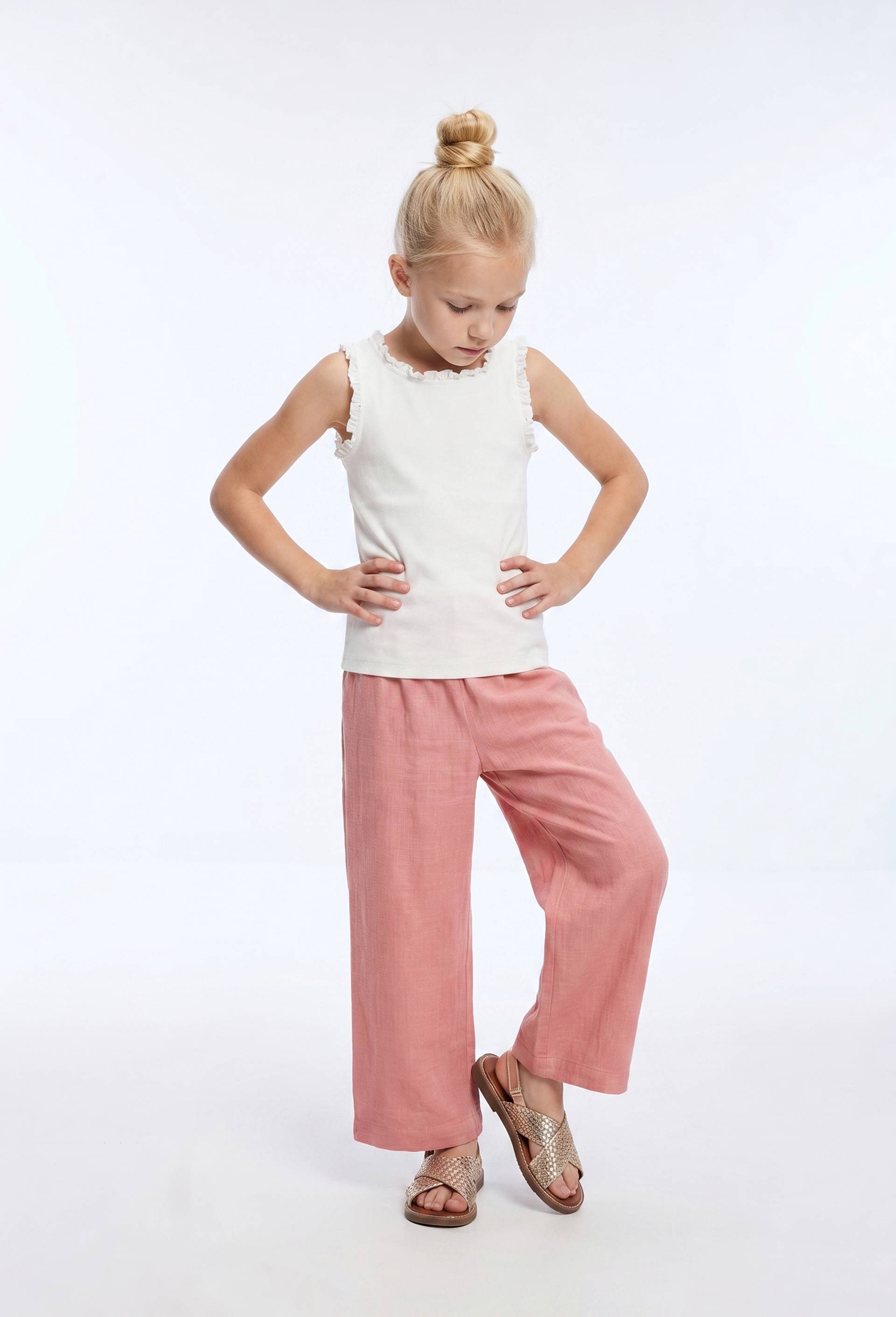 Pantalon taille &eacute;lastiqu&eacute; fluide large uni, Rose, large image number 0.0