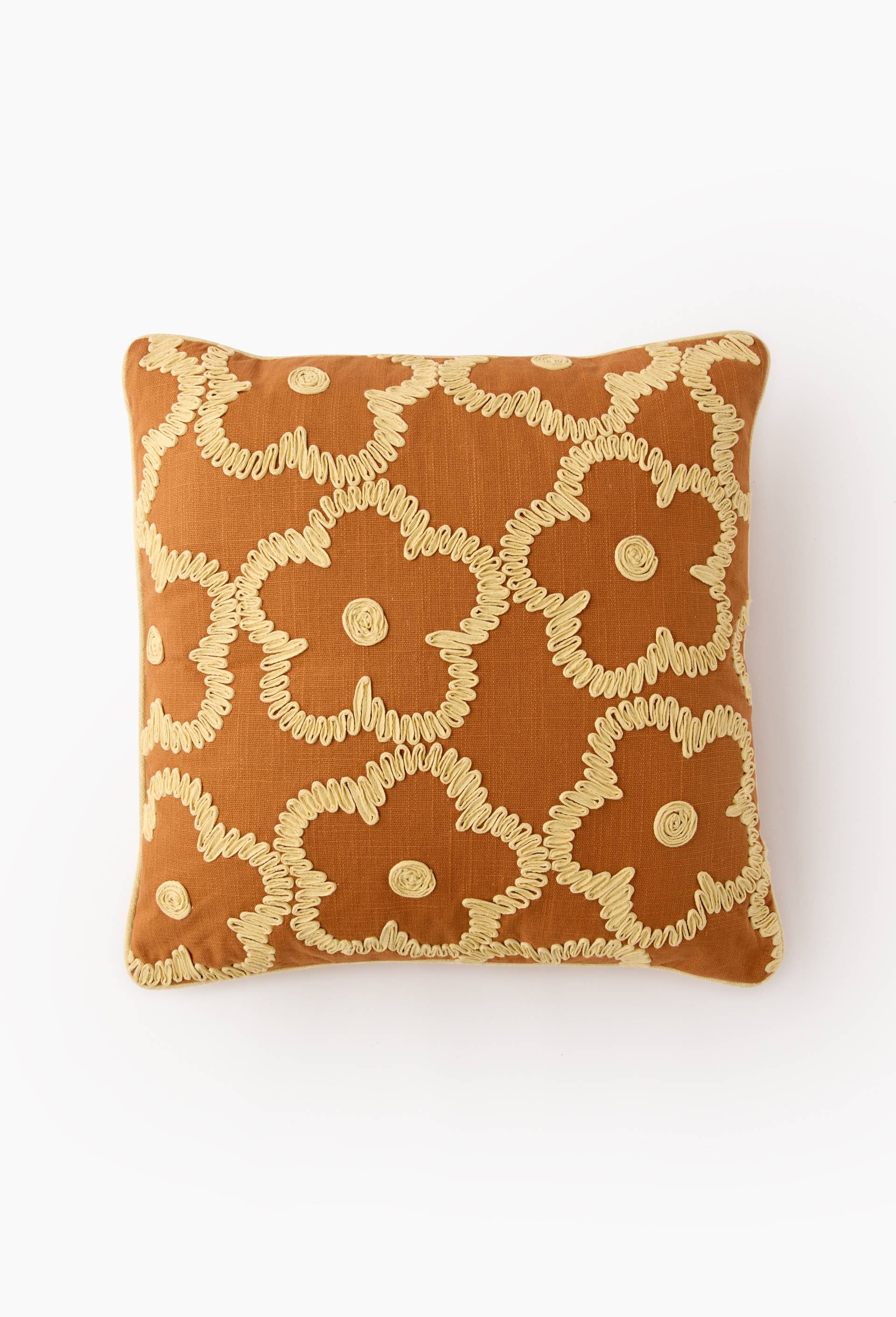 Coussin brod&eacute; en coton certifi&eacute; OEKOTEX, 50x50cm - MESTIZ x MONOPRIX, Brun, large image number 0