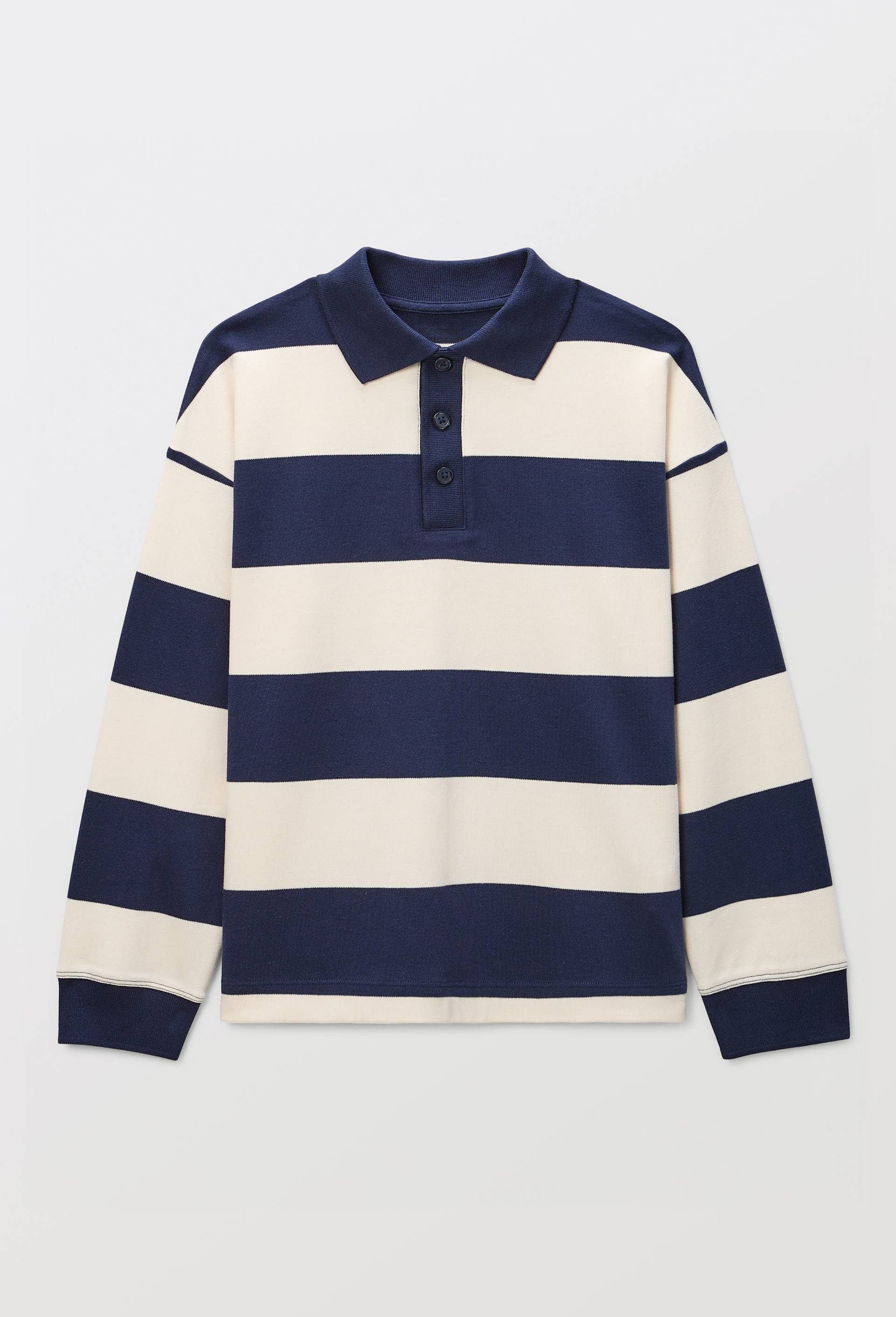 Polo manches longues ray&eacute; contenant du coton BIO GOTS, Bleu fonc&eacute;, large image number 0.0