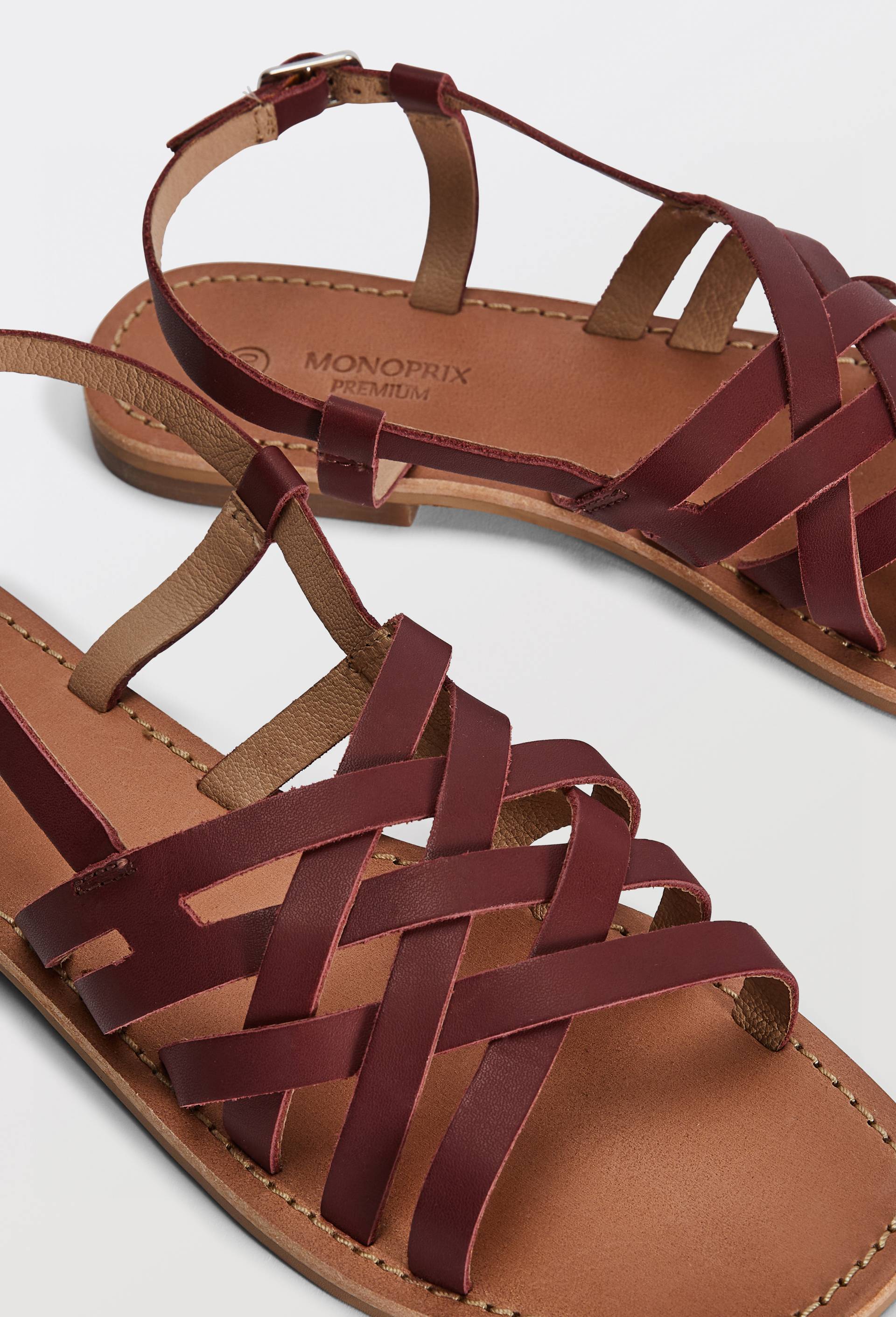 Sandales multi brides en cuir, Rouge fonc&eacute;, large image number 2.0