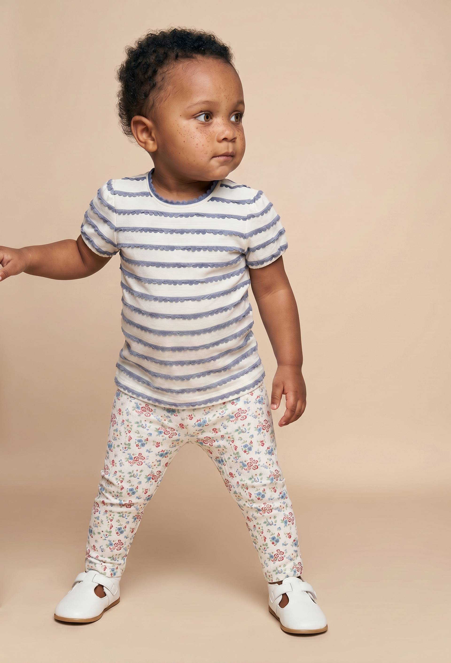 Lot de 2 leggings un uni et un imprim&eacute; en coton BIO GOTS, Beige clair, large image number 0.0