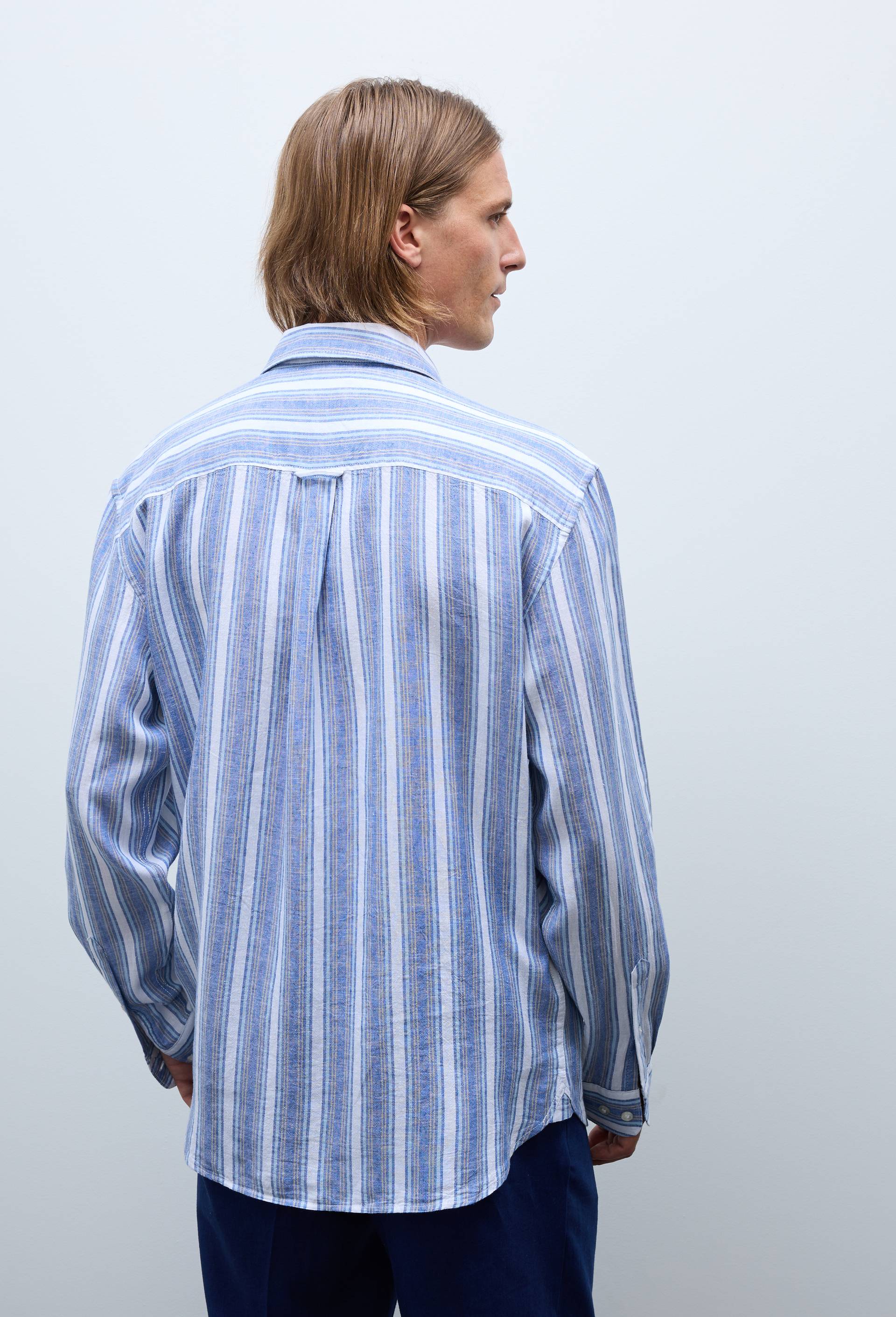 Chemise manches longues ray&eacute;e en m&eacute;lange lin, Bleu, large image number 1