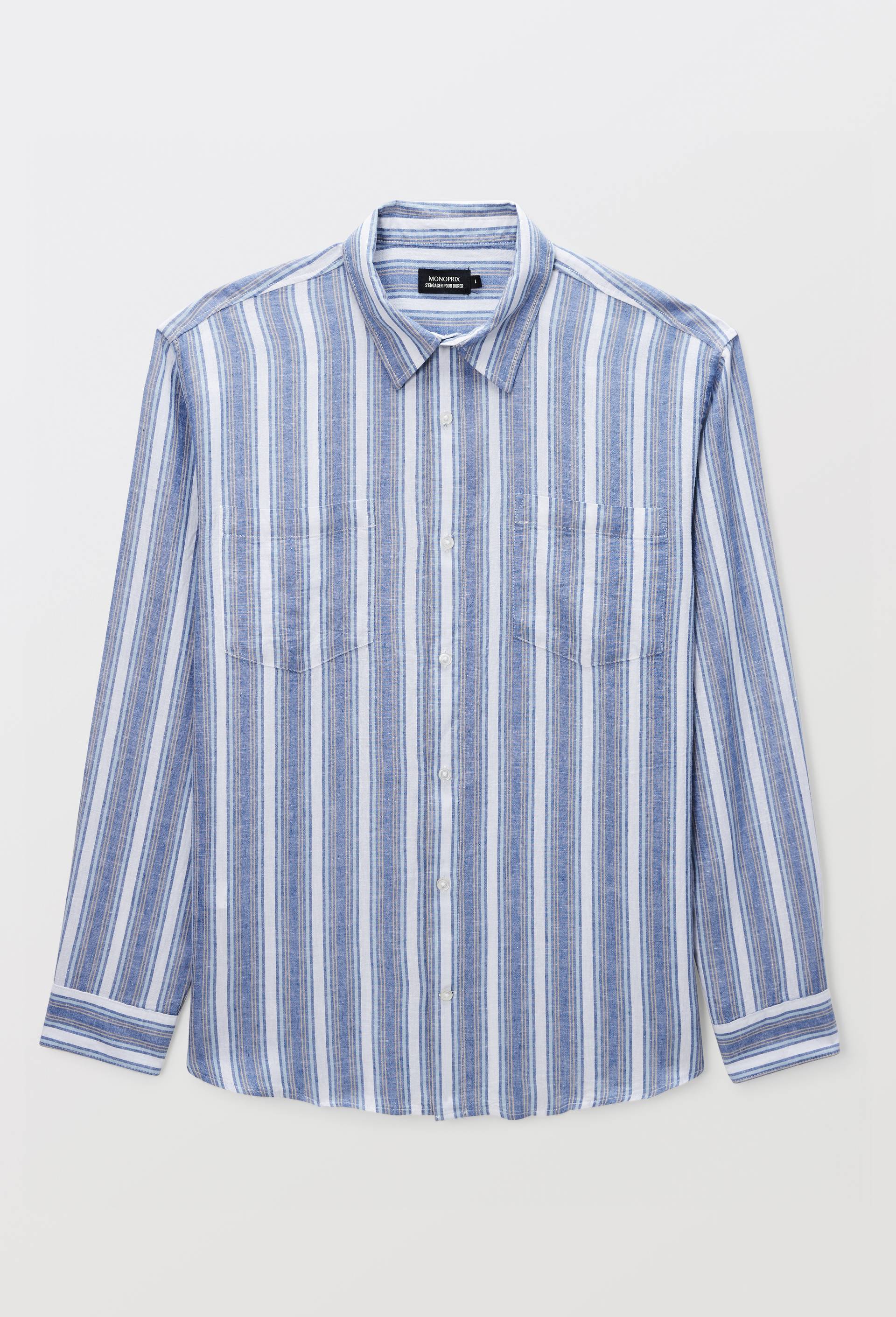 Chemise manches longues ray&eacute;e en m&eacute;lange lin, Bleu, large image number 2