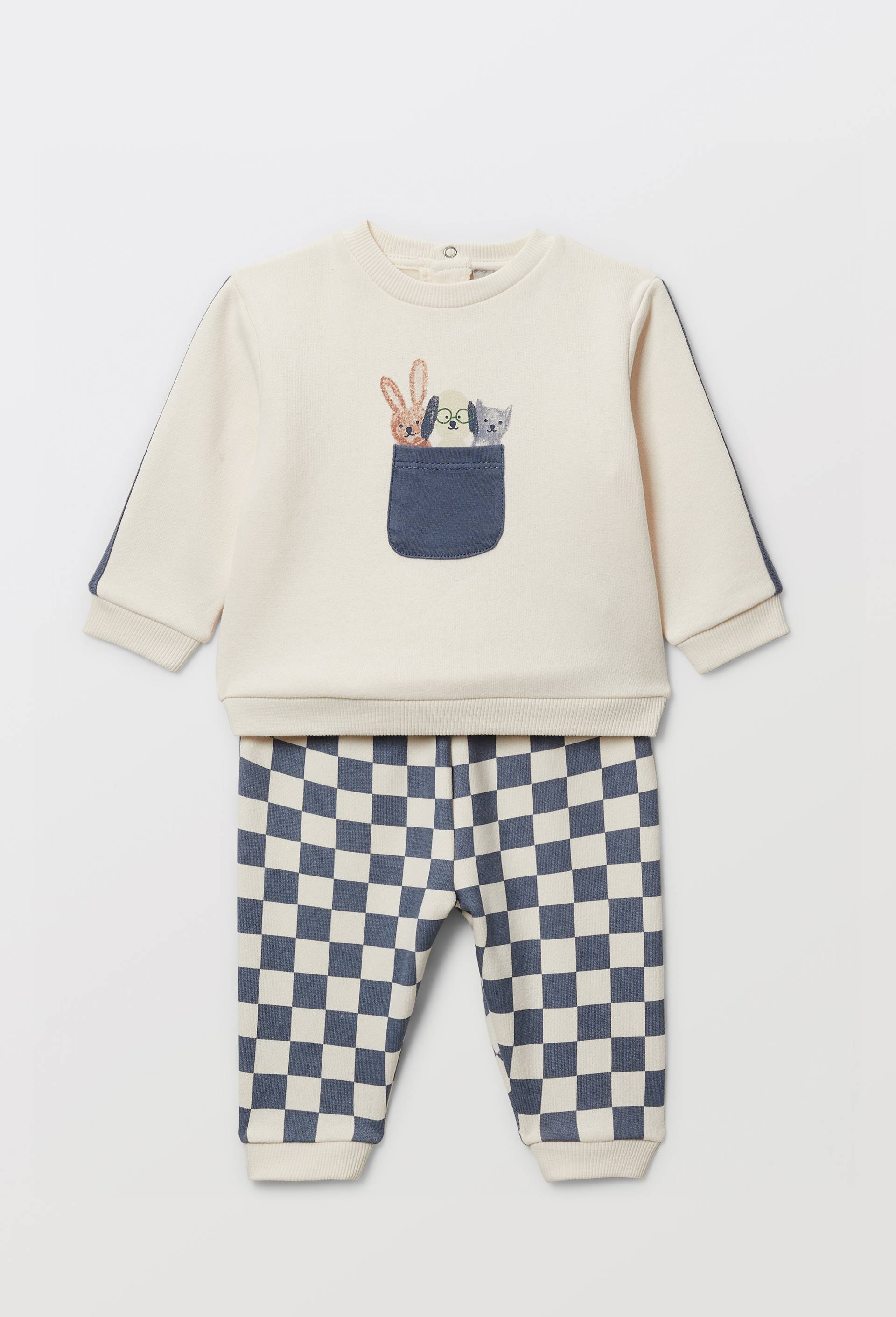 Ensemble en molleton en damier en coton BIO GOTS, Bleu fonc&eacute;, large image number 0