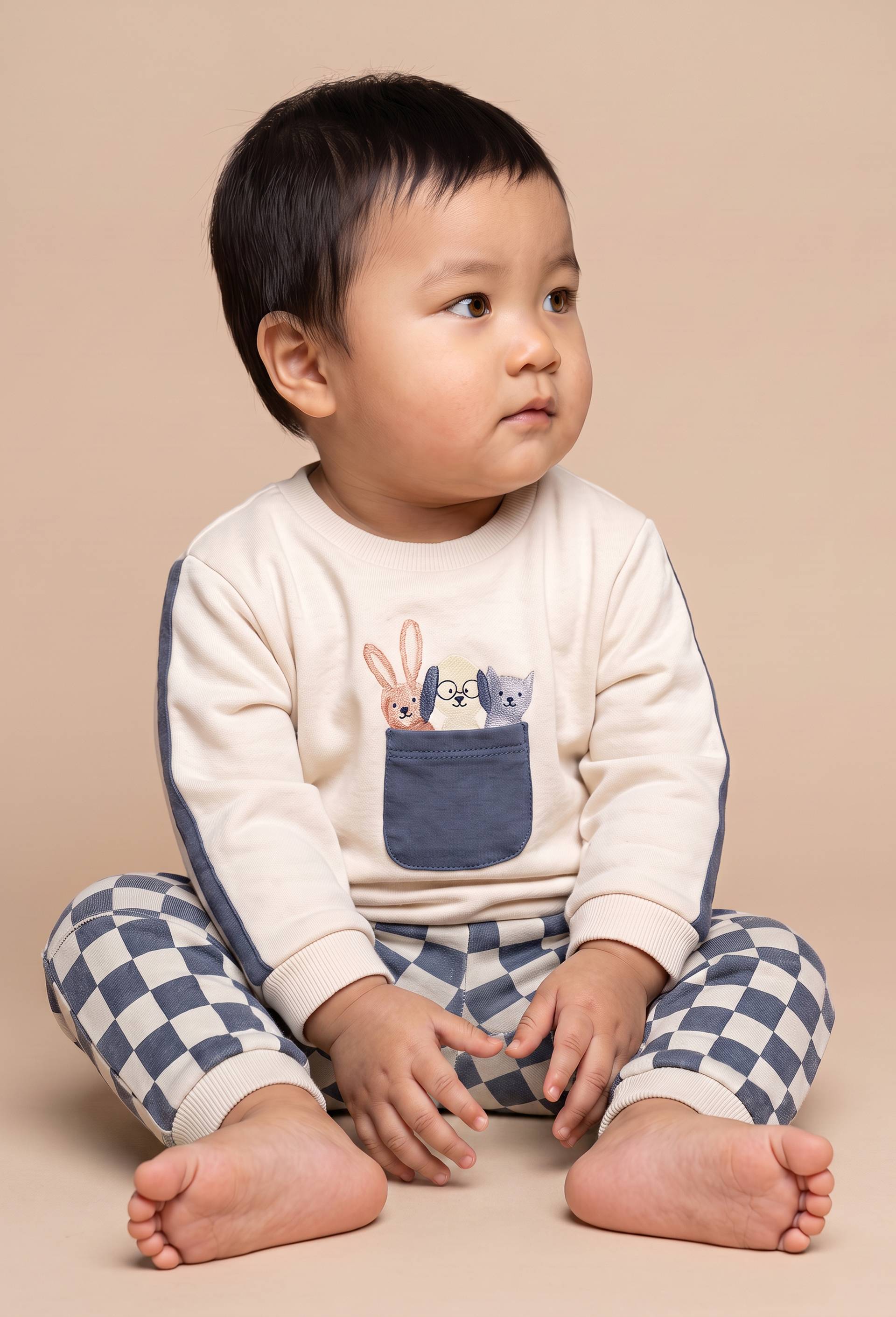 Ensemble en molleton en damier en coton BIO GOTS, Bleu fonc&eacute;, large image number 0