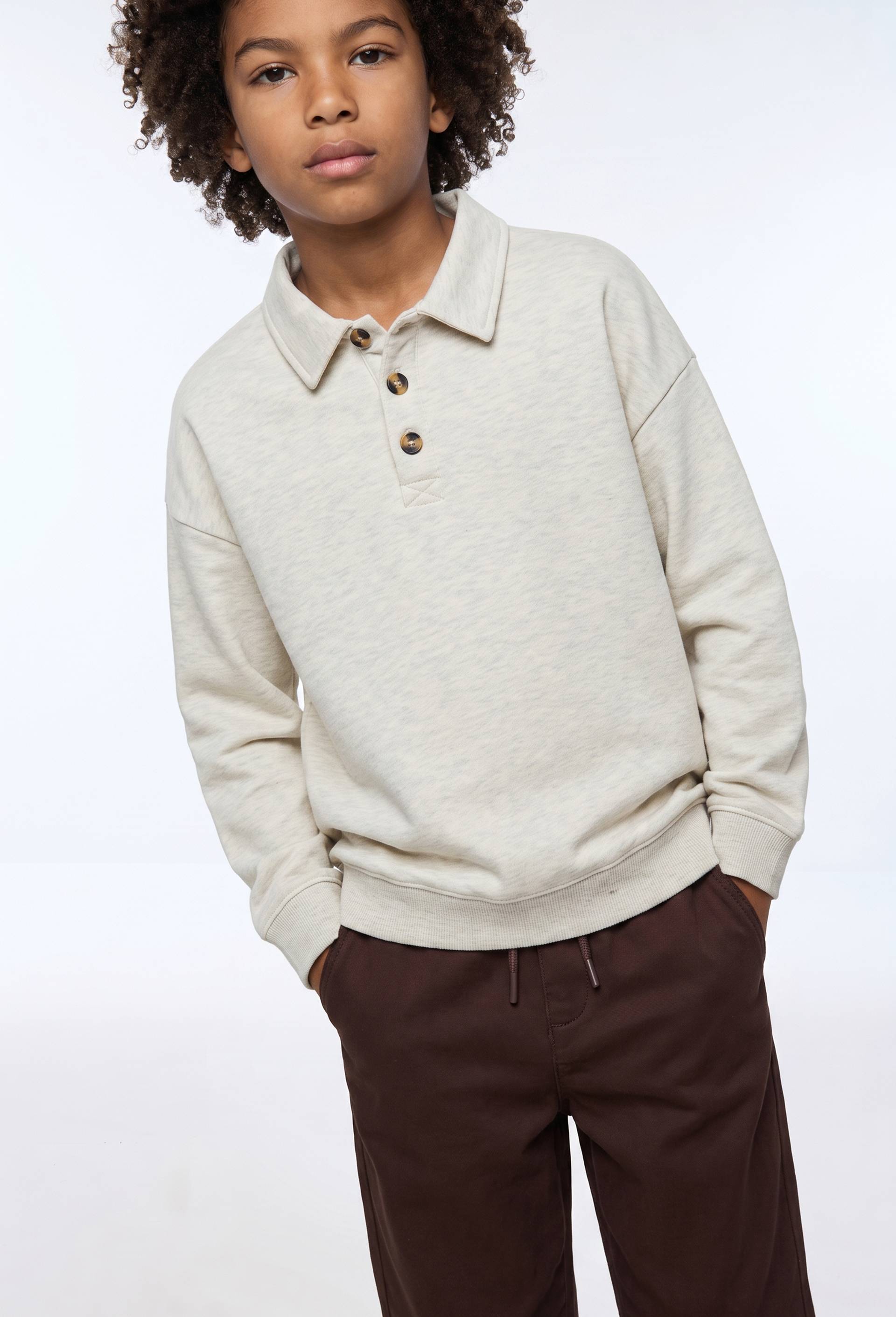 Sweat col polo en coton BIO GOTS, Beige, swatch image