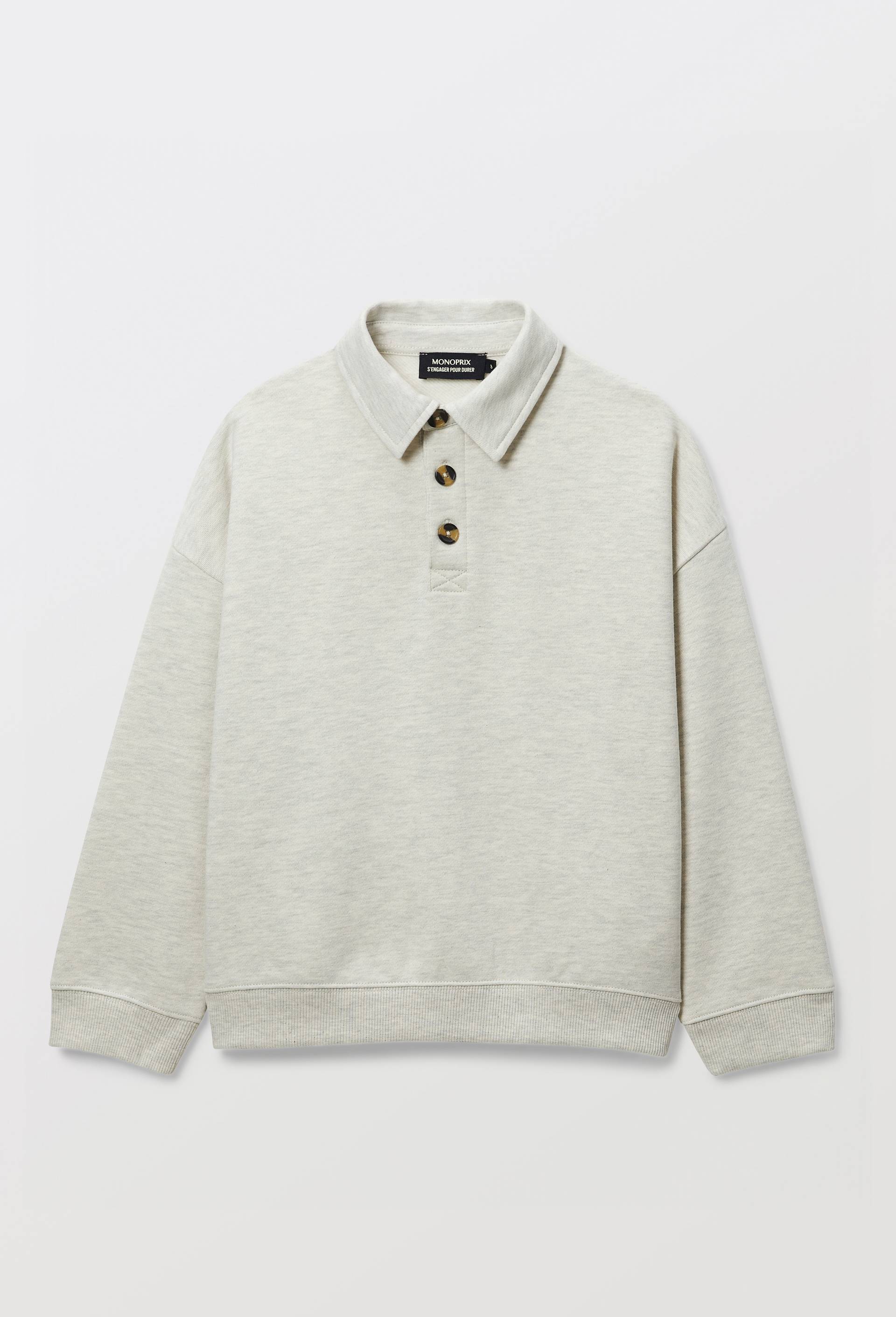 Sweat col polo en coton BIO GOTS, Beige, large image number 2