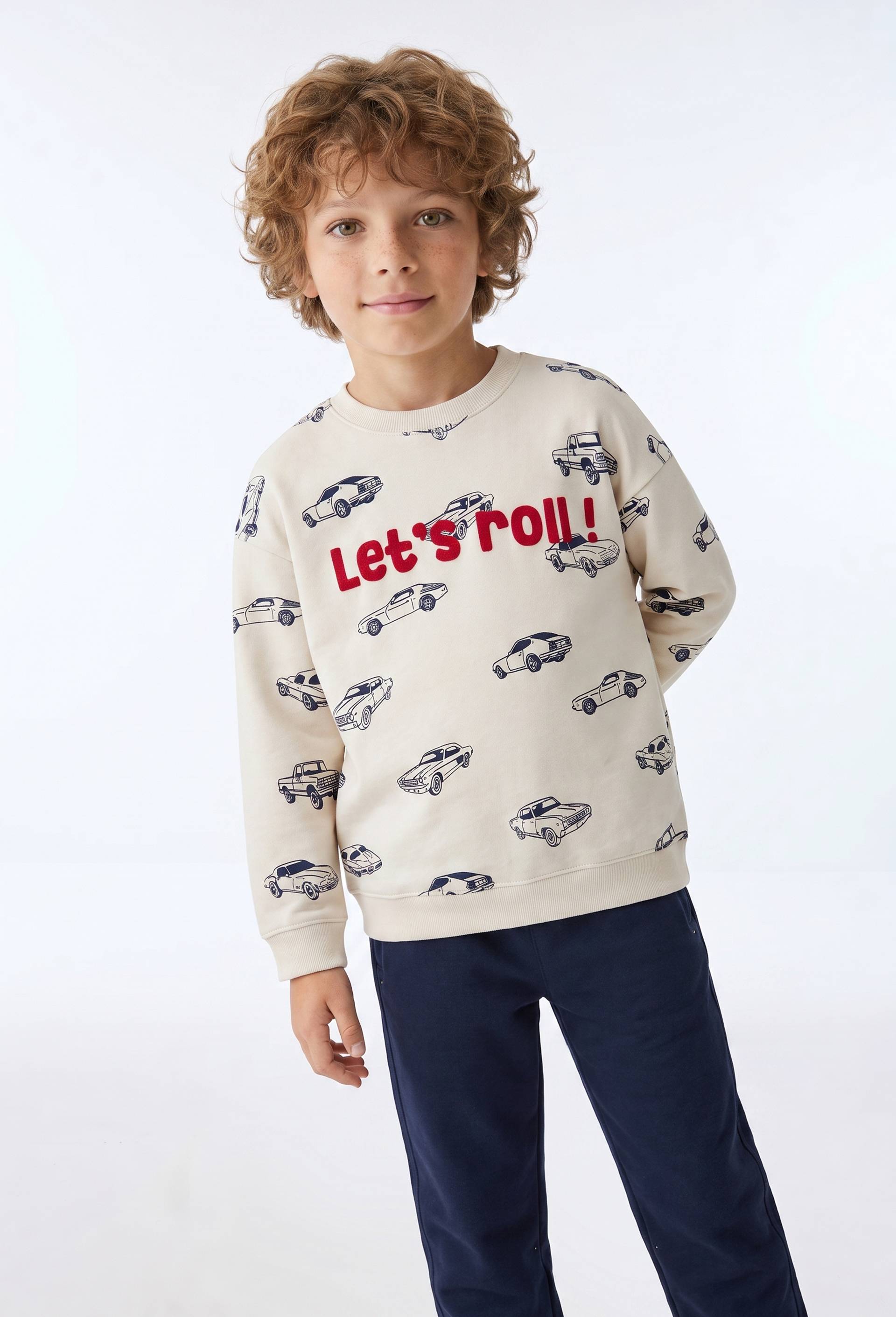 Sweat col rond imprim&eacute; en coton BIO GOTS, Ecru, large image number 0.0