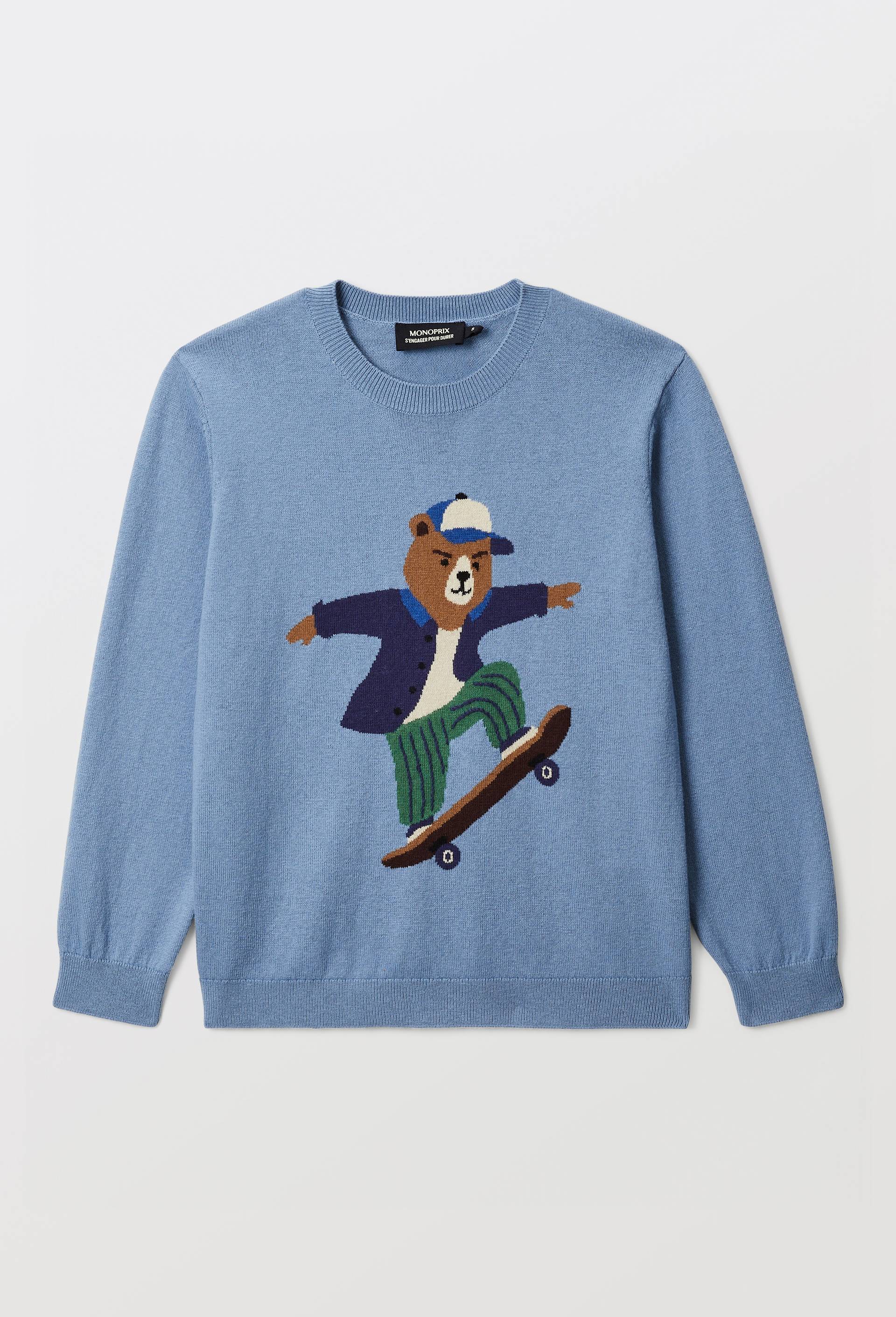 Pull avec motif brod&eacute; contenant de la laine, Bleu, large image number 1