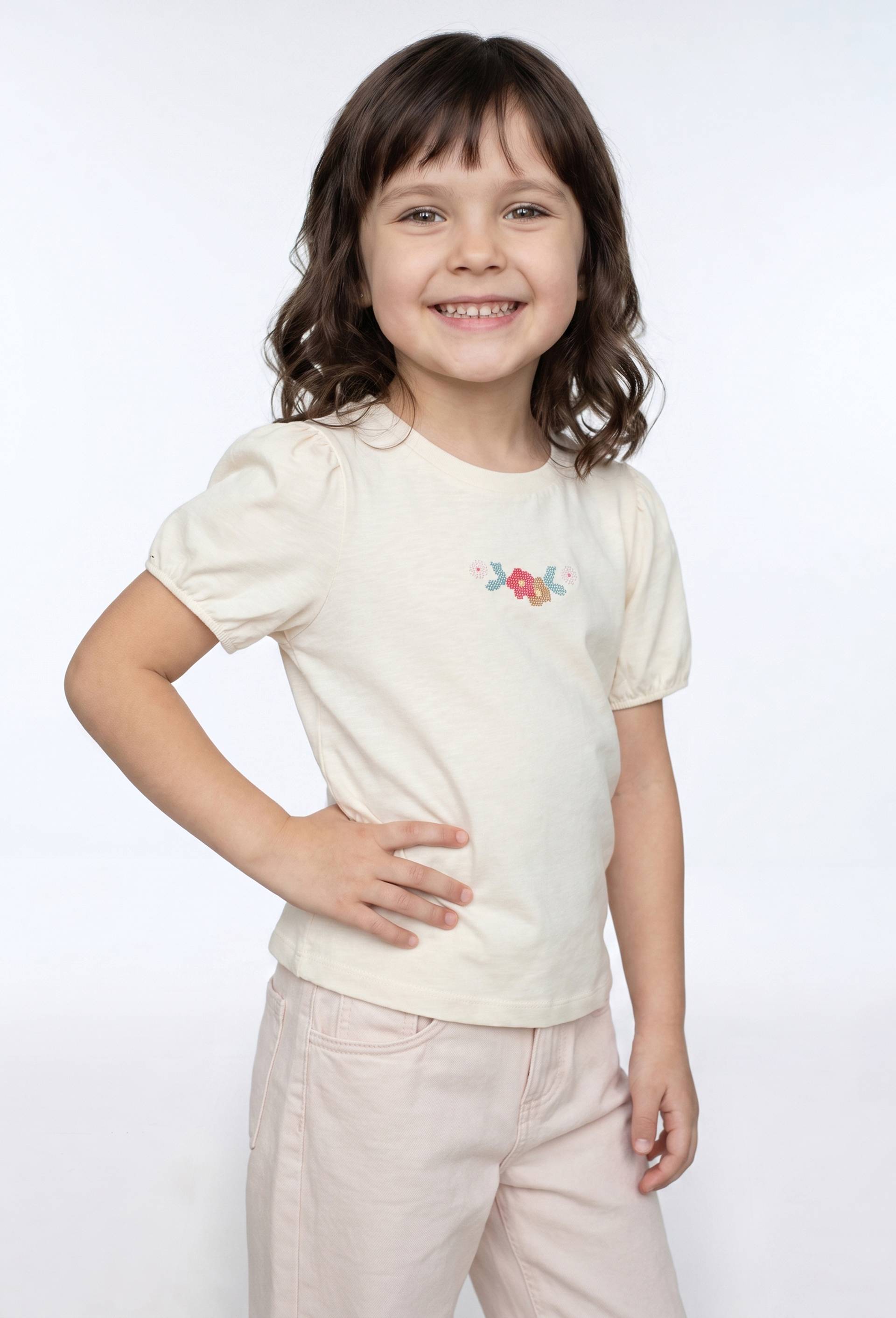 T-shirt manches courtes avec d&eacute;tail de broderie, Beige clair, large image number 0.0