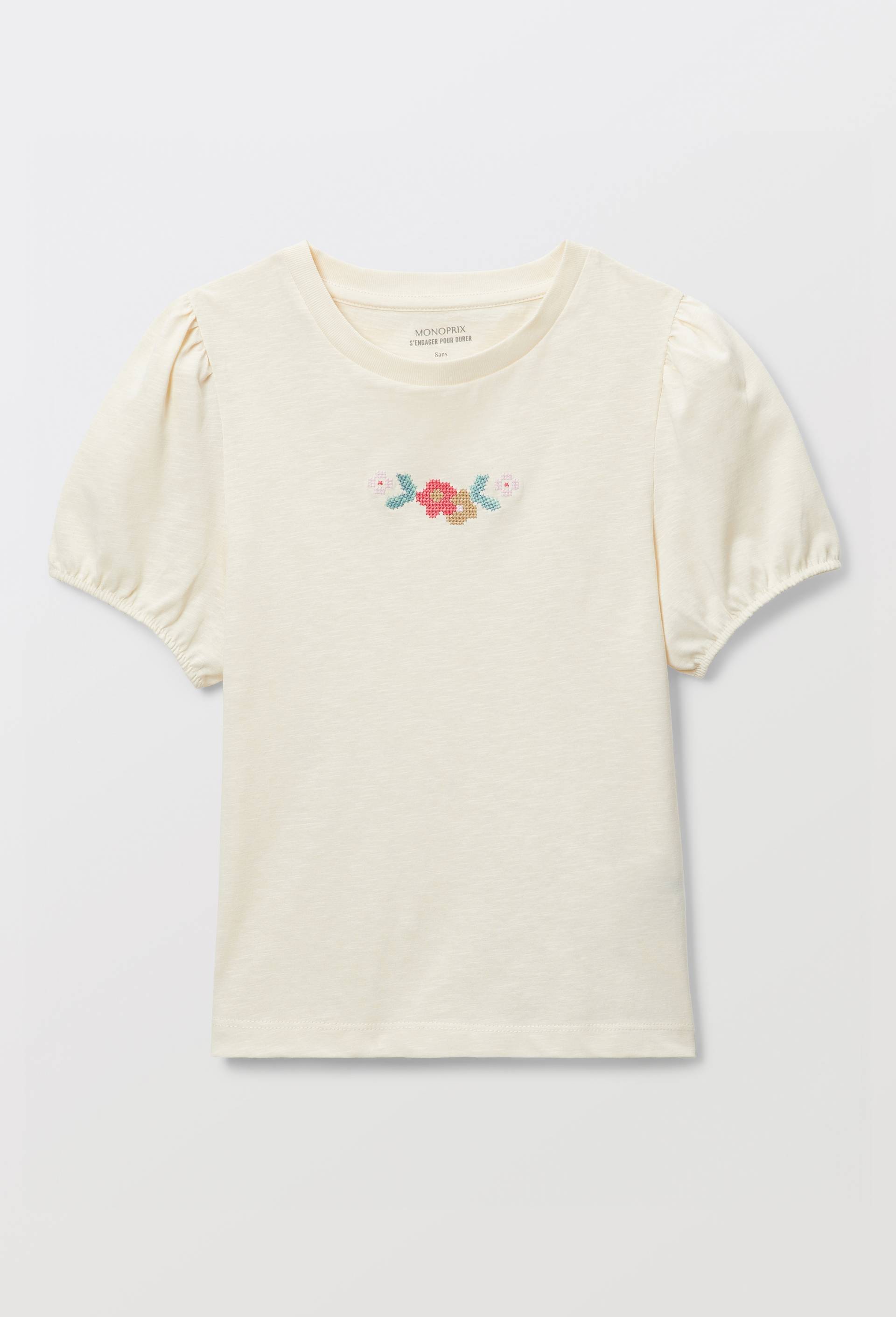 T-shirt manches courtes avec d&eacute;tail de broderie, Beige clair, large image number 1