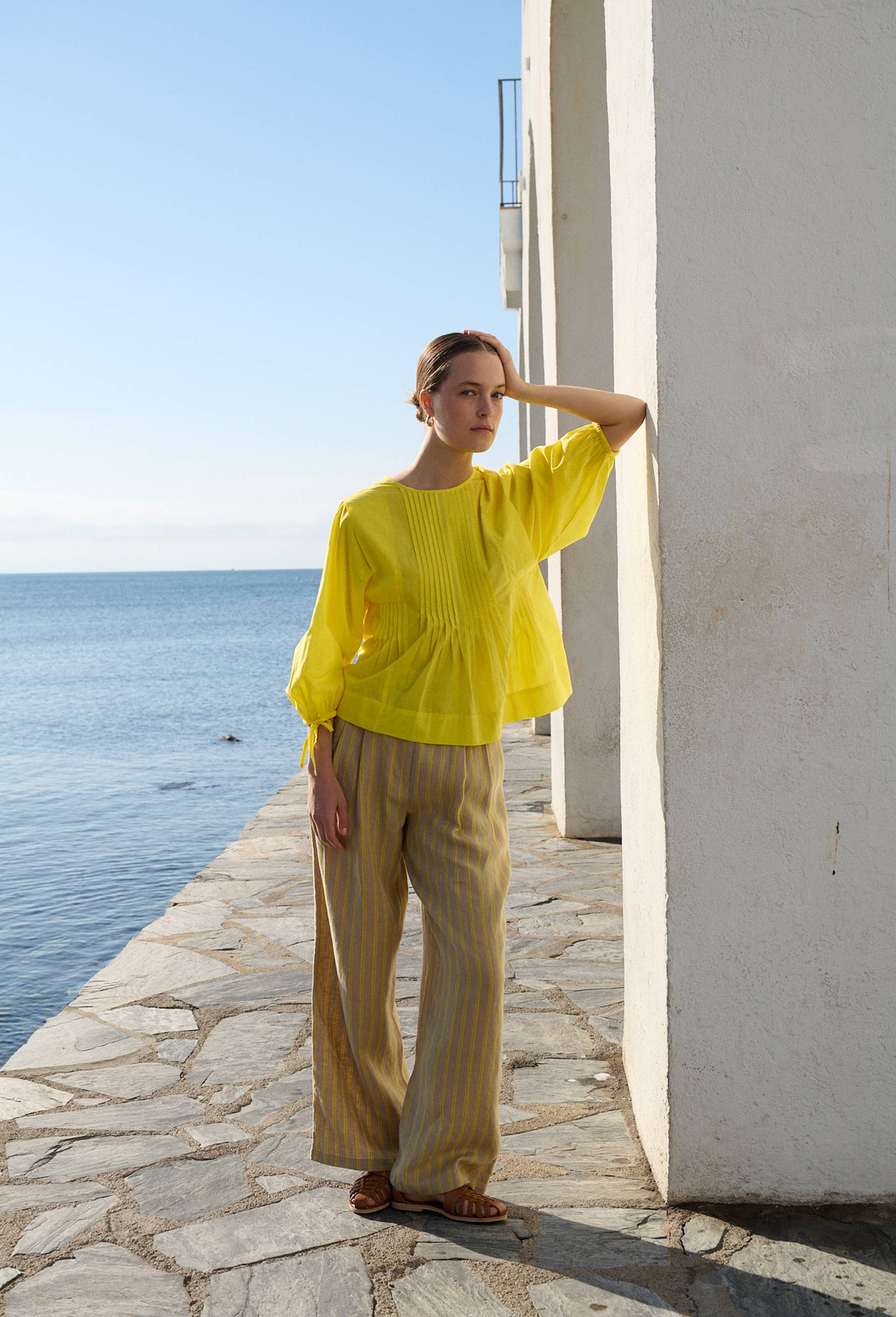 Pantalon &agrave; pinces en lin ray&eacute;, Jaune, large