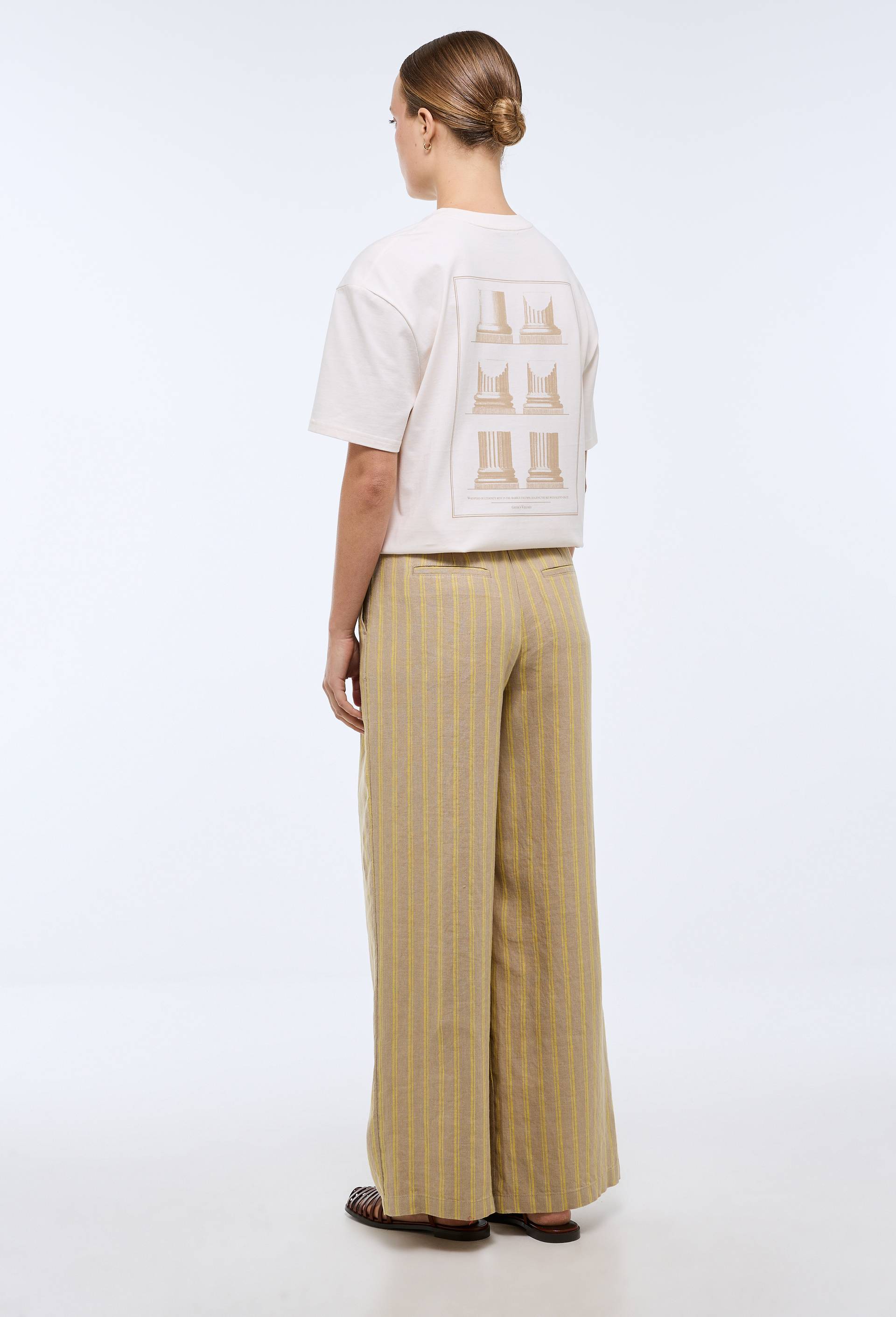 Pantalon &agrave; pinces en lin ray&eacute;, Jaune, large