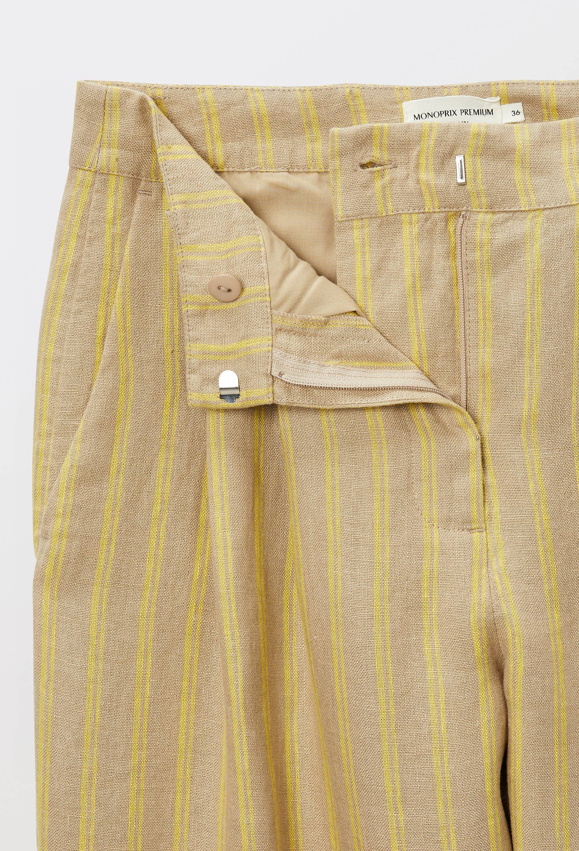 Pantalon &agrave; pinces en lin ray&eacute;, Jaune, large