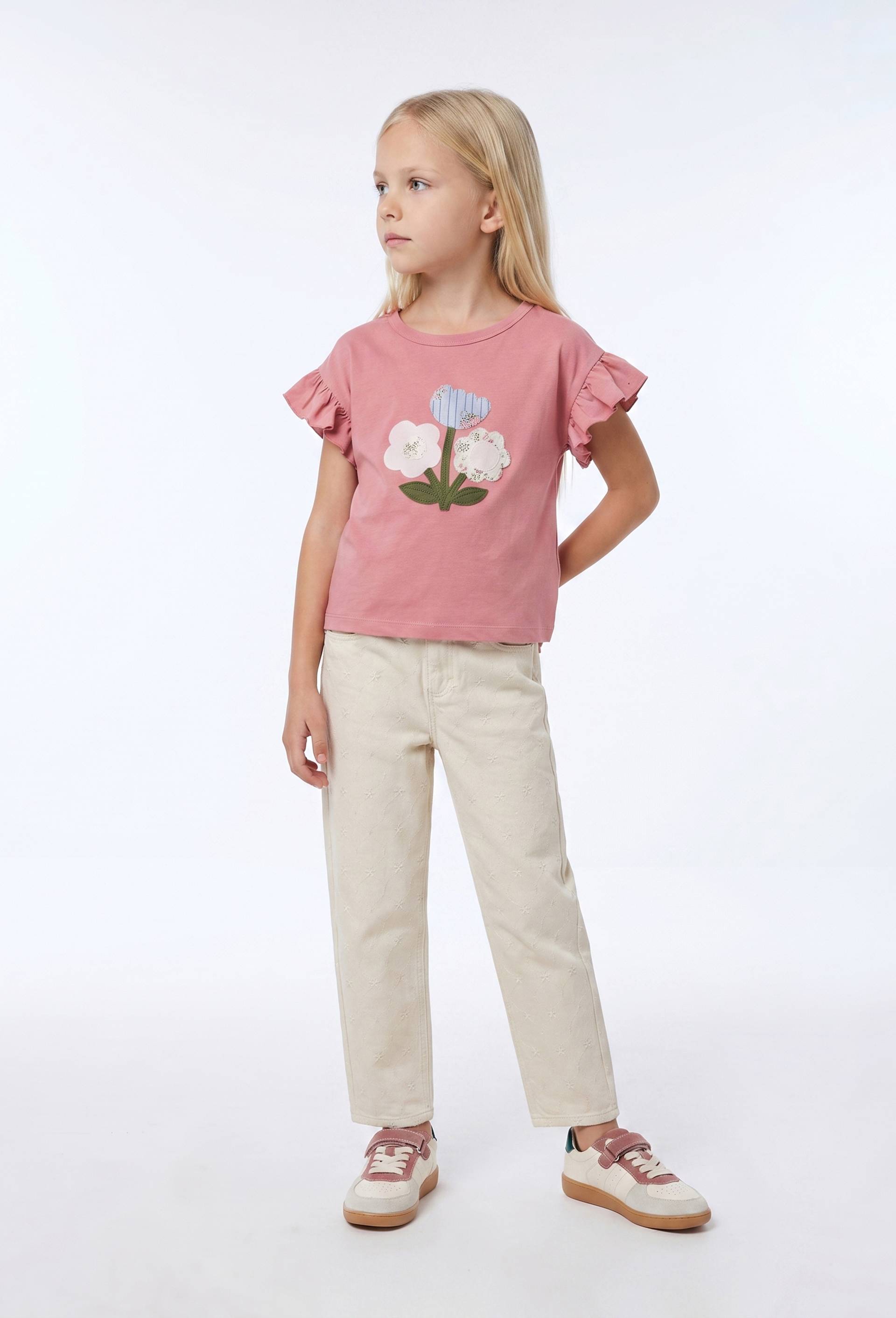 Pantalon large brod&eacute; en twill de coton, Beige clair, large image number 0