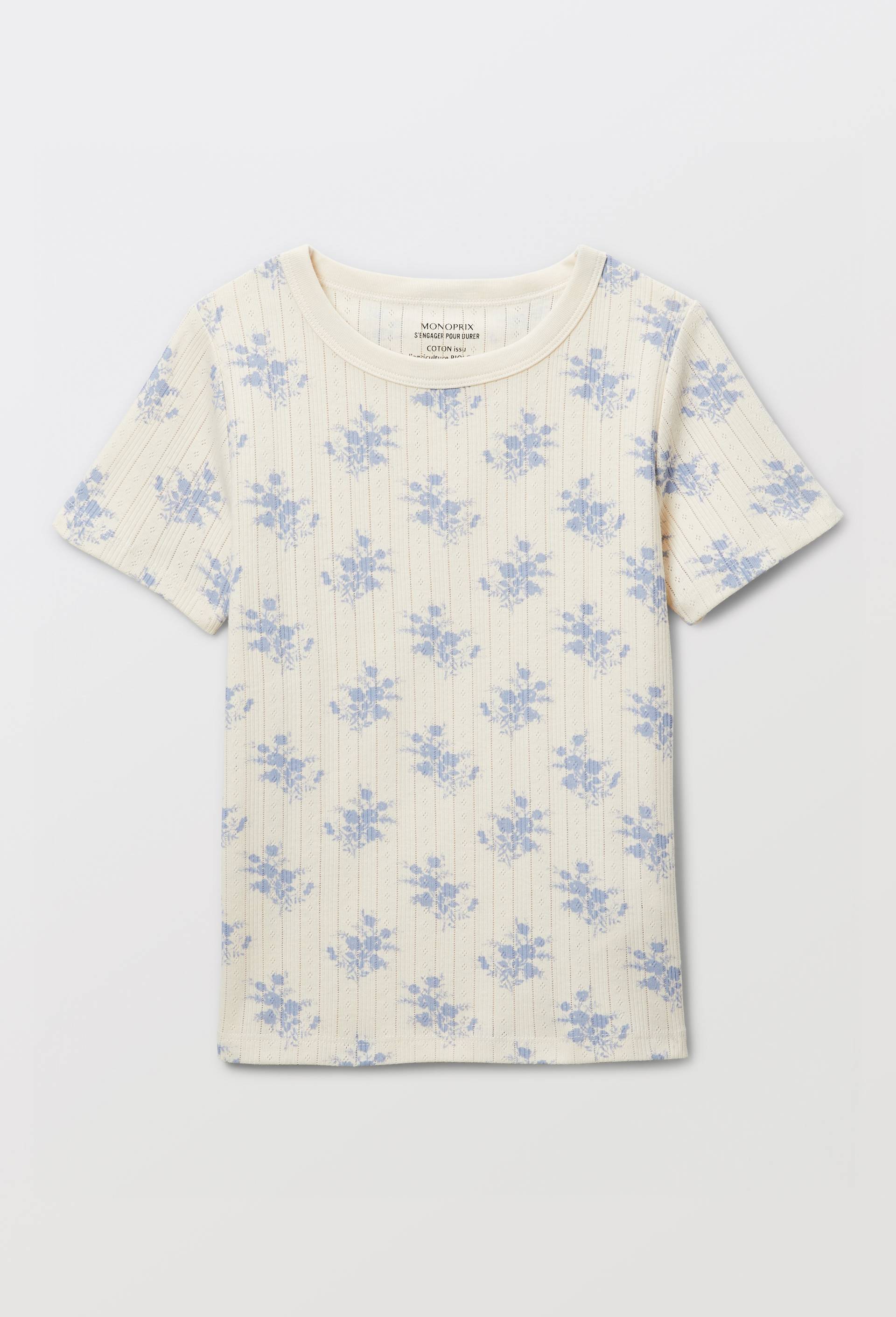 T-shirt en pointelle &agrave; imprim&eacute; fleuri, Beige clair, large image number 1.0