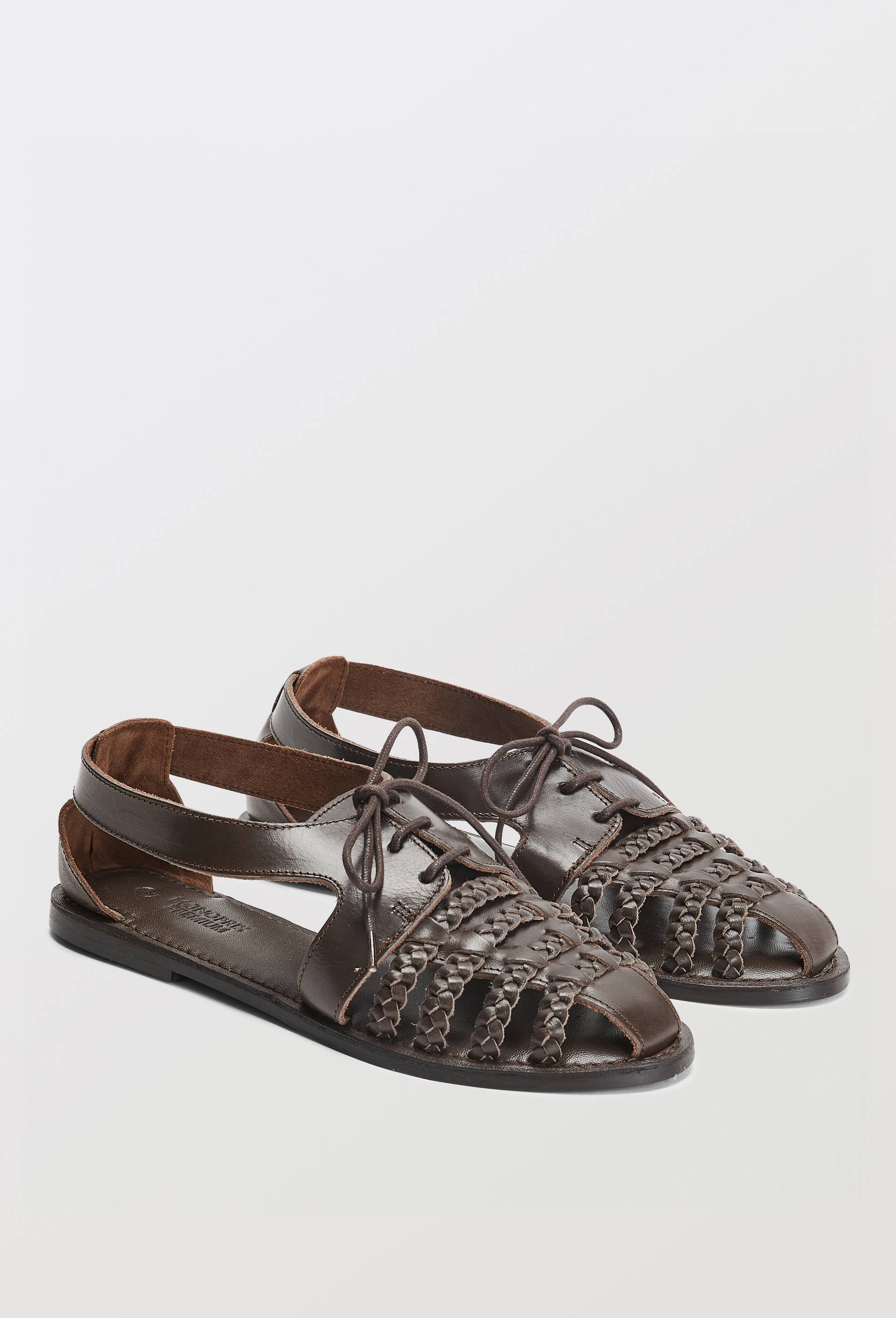 Sandales en cuir tress&eacute;, Brun fonc&eacute;, swatch image
