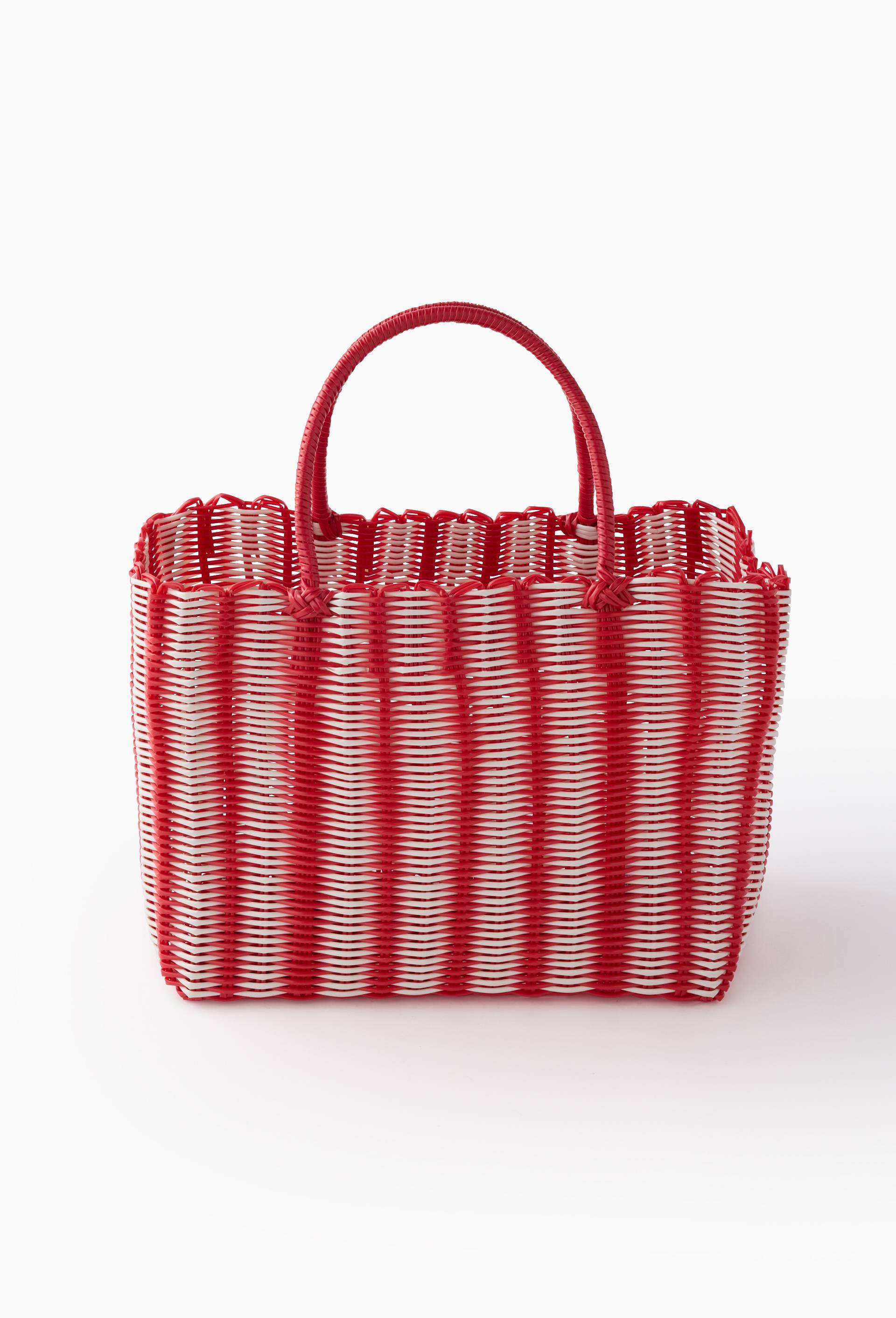 Panier scoubidou rectangulaire ray&eacute;, 31x40x20cm, en plastique, Rouge, large image number 1