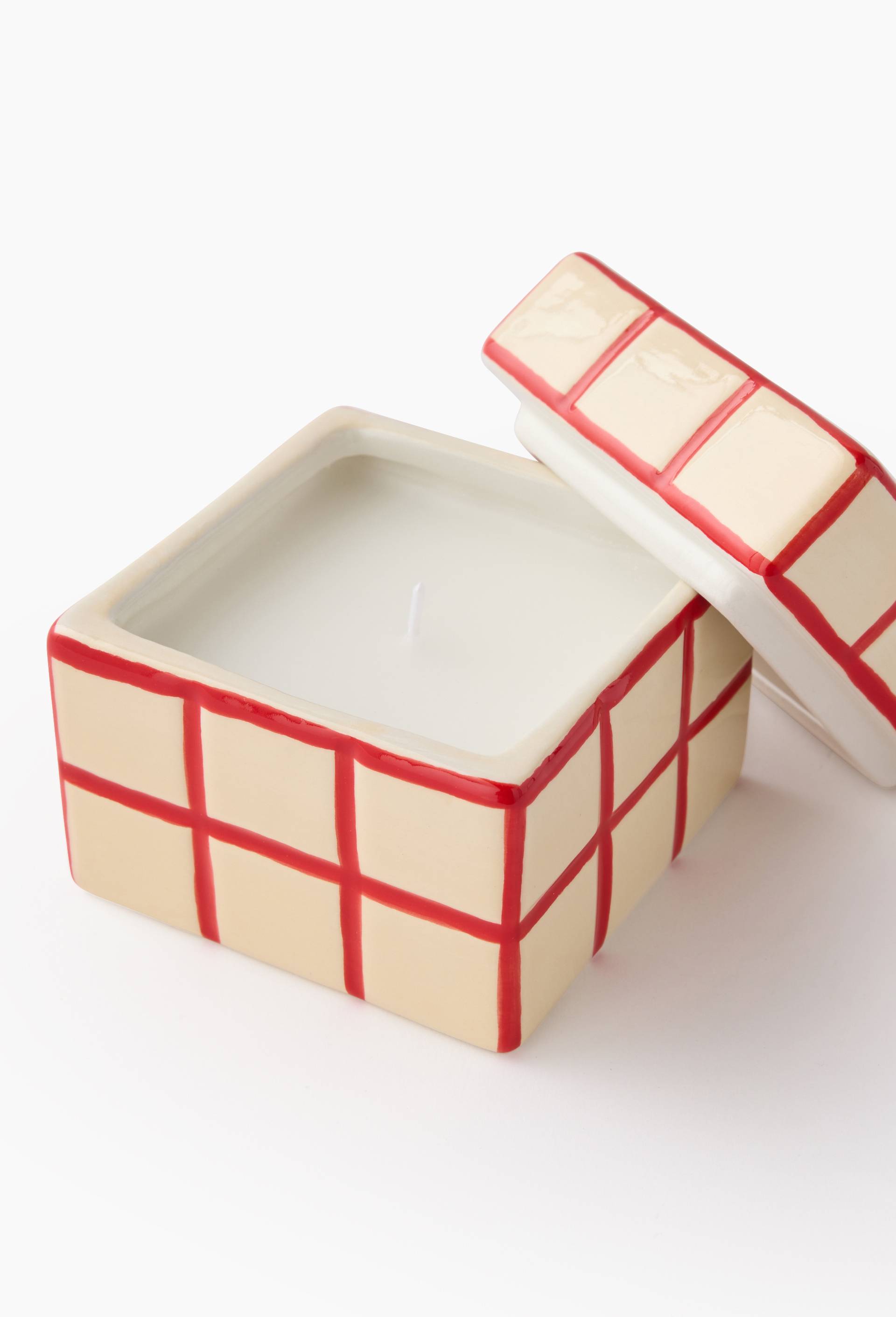 Bougie dans pot cube, 9X9X8,6cm, en c&eacute;ramique, Rouge, large image number 1