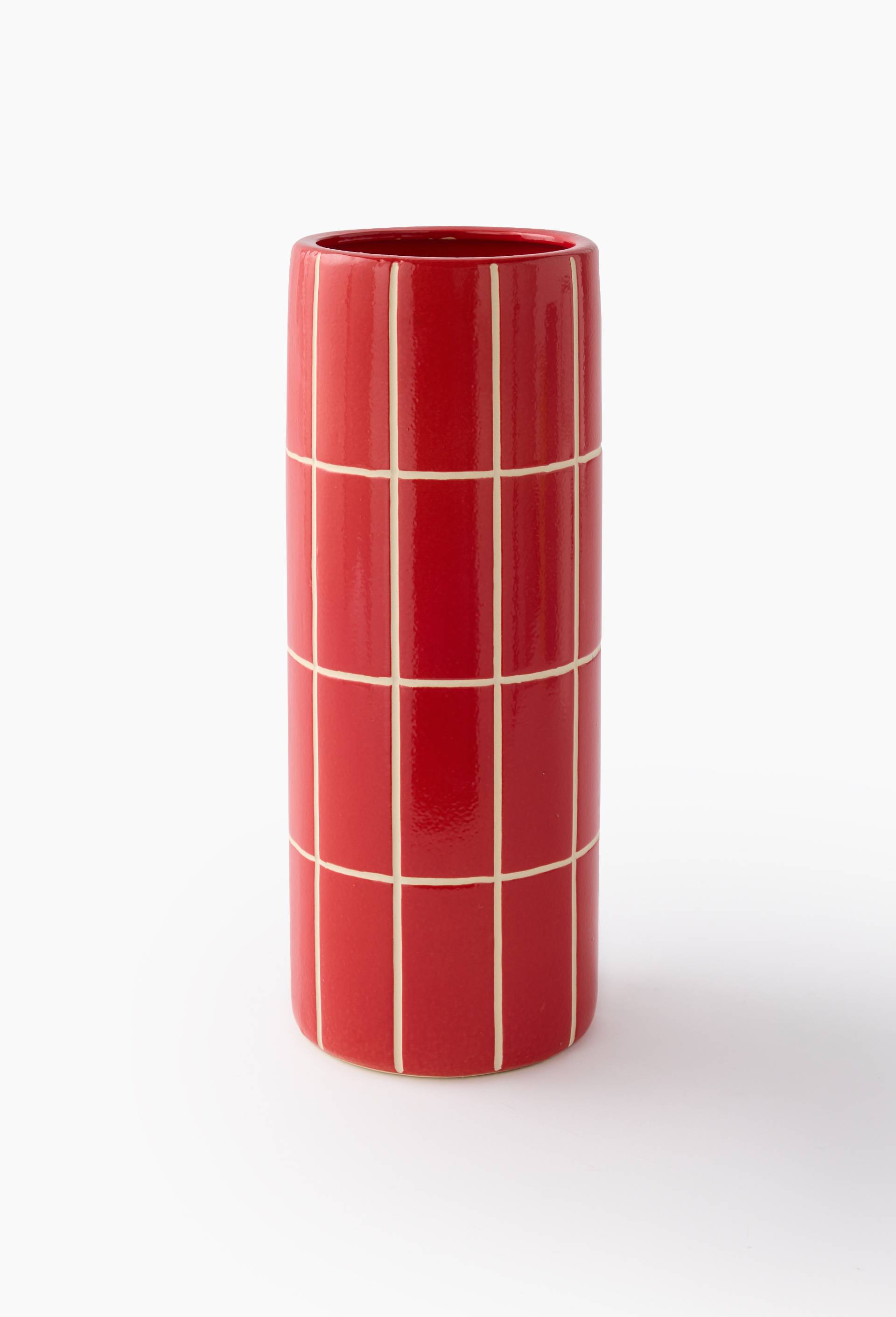 Vase rond carreaux, 15xH40cm, en c&eacute;ramique, Rouge, large image number 1